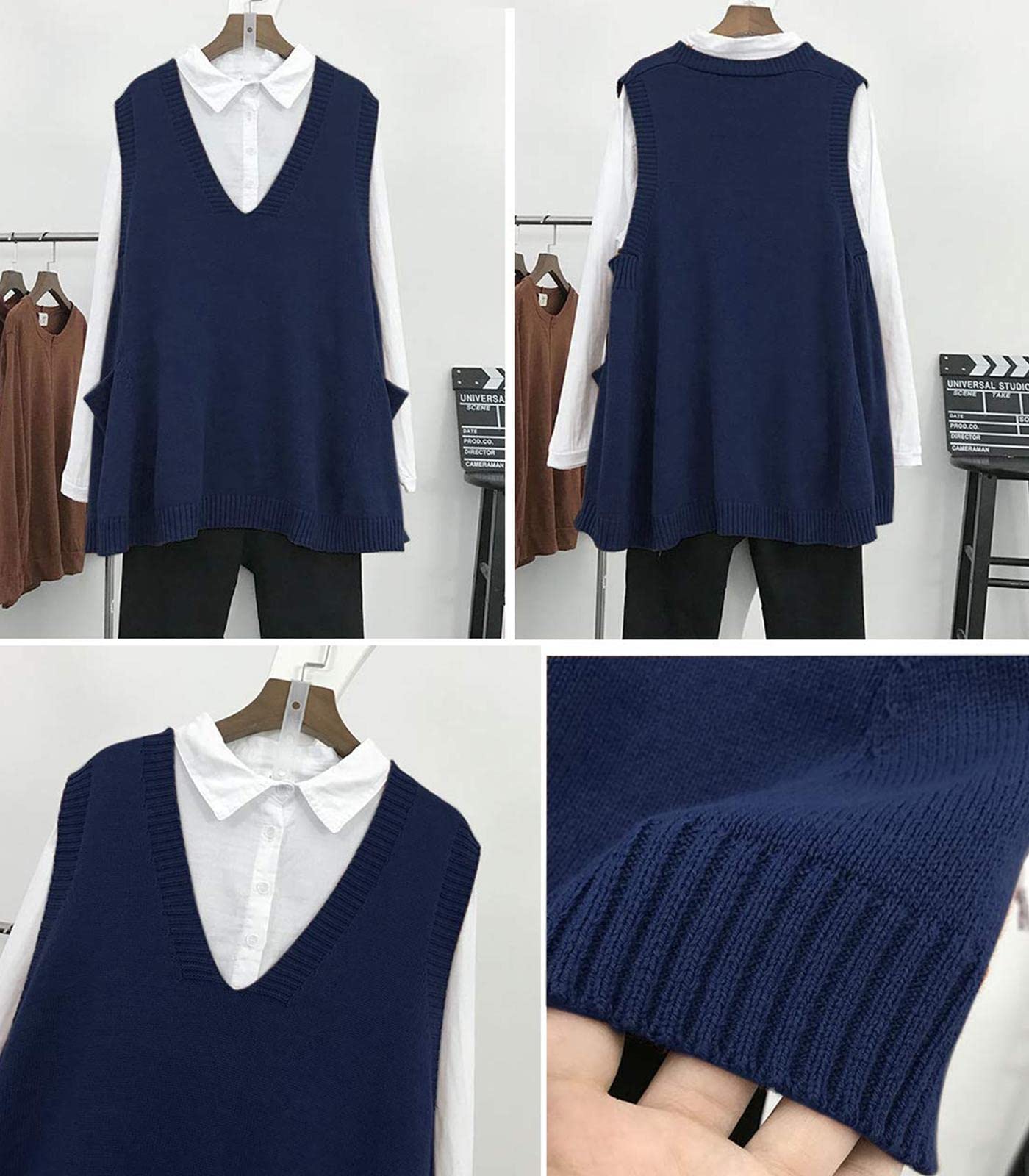 Gilet Smanicato Donna Oversize Maglioni Senza Maniche in Maglia Scollo a V Chic Vintage Elasticità Maglione Canotta Doppie Tasche