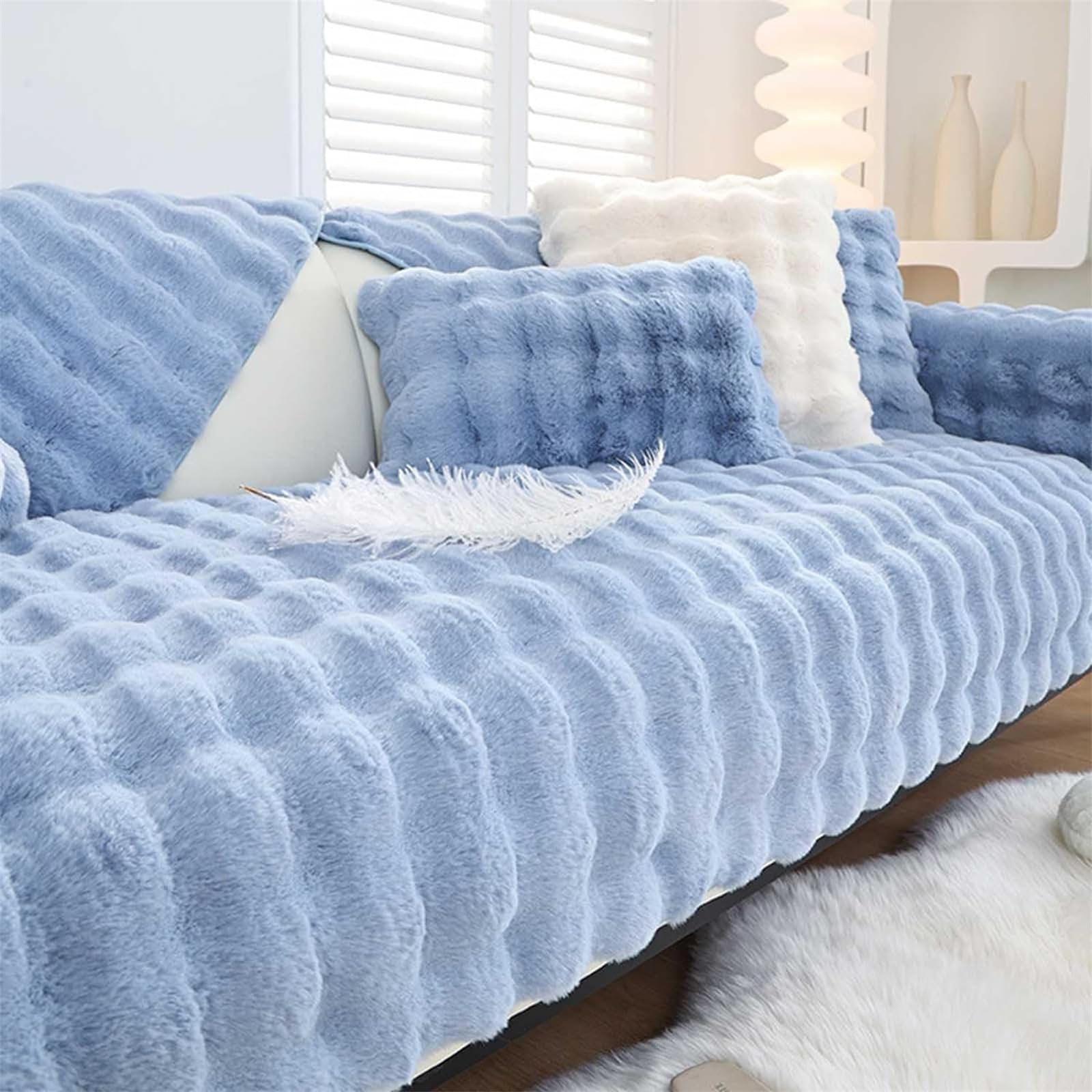 Rabbit Plush Sofa Cover 1 2 3 Seater, Sofa Slipcover Corner L Shape Thick Warm Couch Protector Anti-slip Caravan Seat Cushion Covers for Kids, Pets (Blue,W 110cm×L 110cm) — image 1