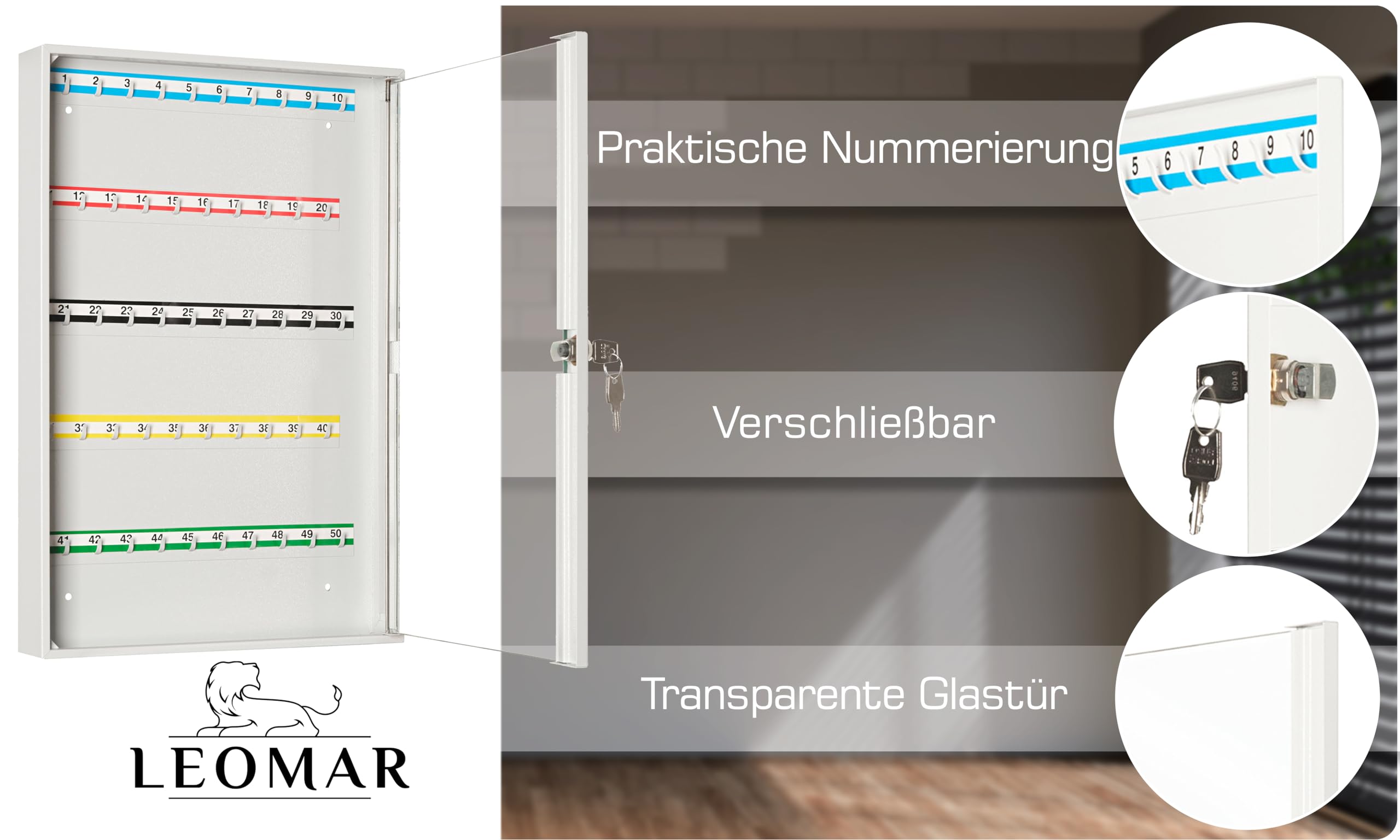 Armadietto Portachiavi LEOMAR - 100 Ganci, Lamiera D'Acciaio, Chiusura A Chiave, 6x35x52 Cm - Foto 8
