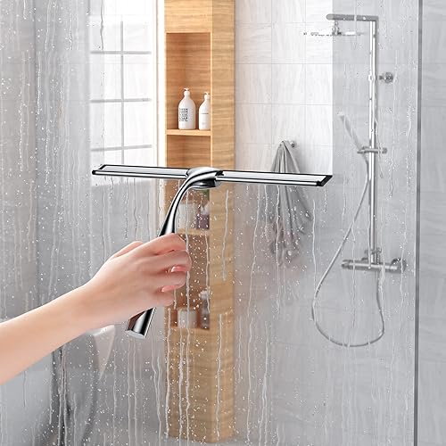 Miniatura 6 de Escobilla de acero inoxidable para puertas de cristal de ducha, escobilla multiusos de 10 pulgadas con hoja de repuesto y soporte de ganchos a Plata