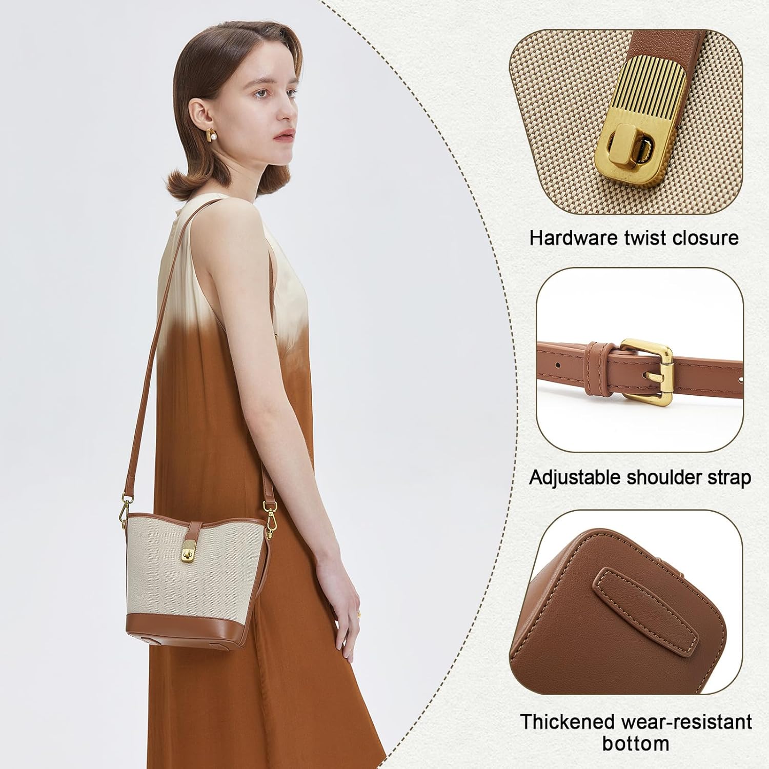 FOXLOVER Coated Canvas Bucket Crossbody Bags for Women Top-Handle Handbags Small Satchel Purse Trendy Twist Lock - Image 5