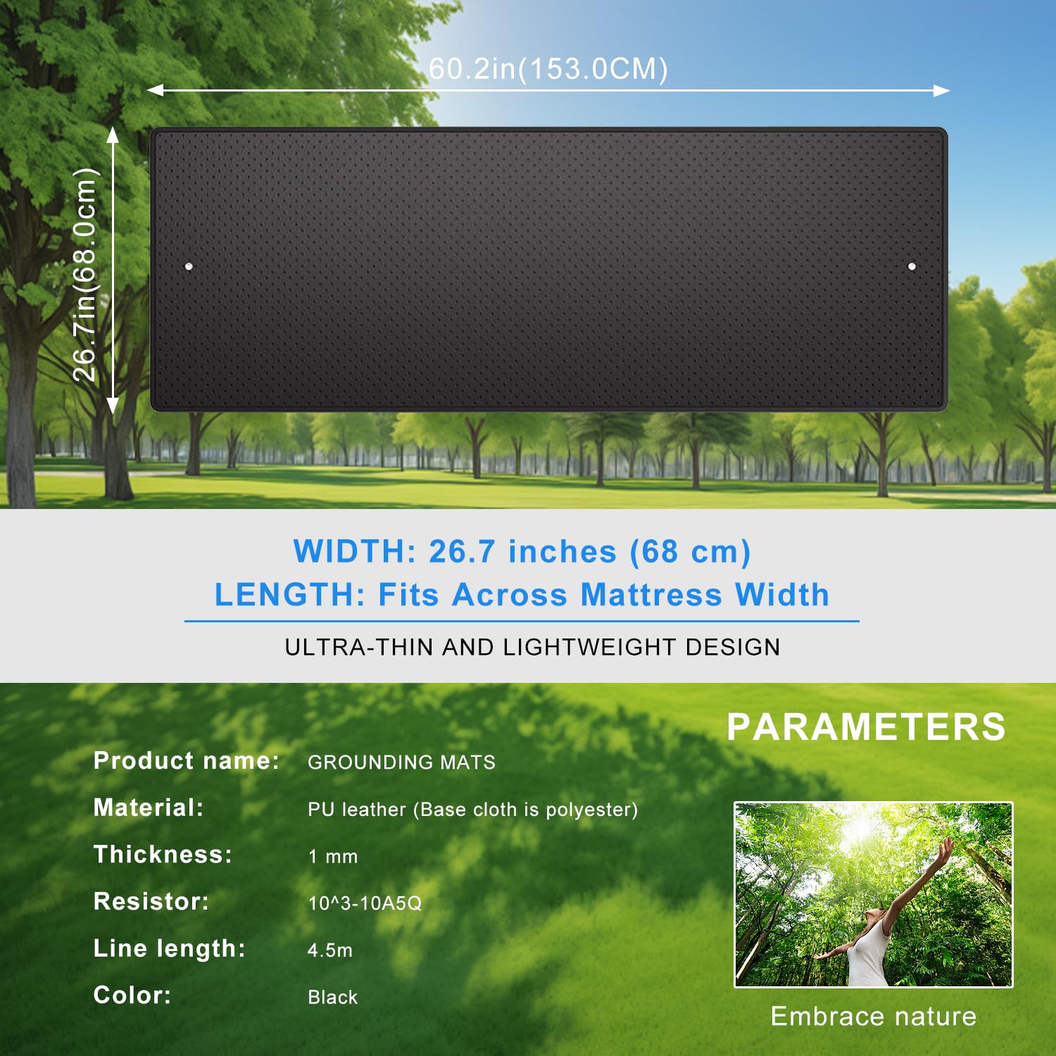 Earthing UK, tappetino per messa a terra antiscivolo, per interni, superficie in pelle PU resistente agli strappi, migliore conducibilità, migliora il sonno e allevia lo stress (king size: 68 x 153 cm