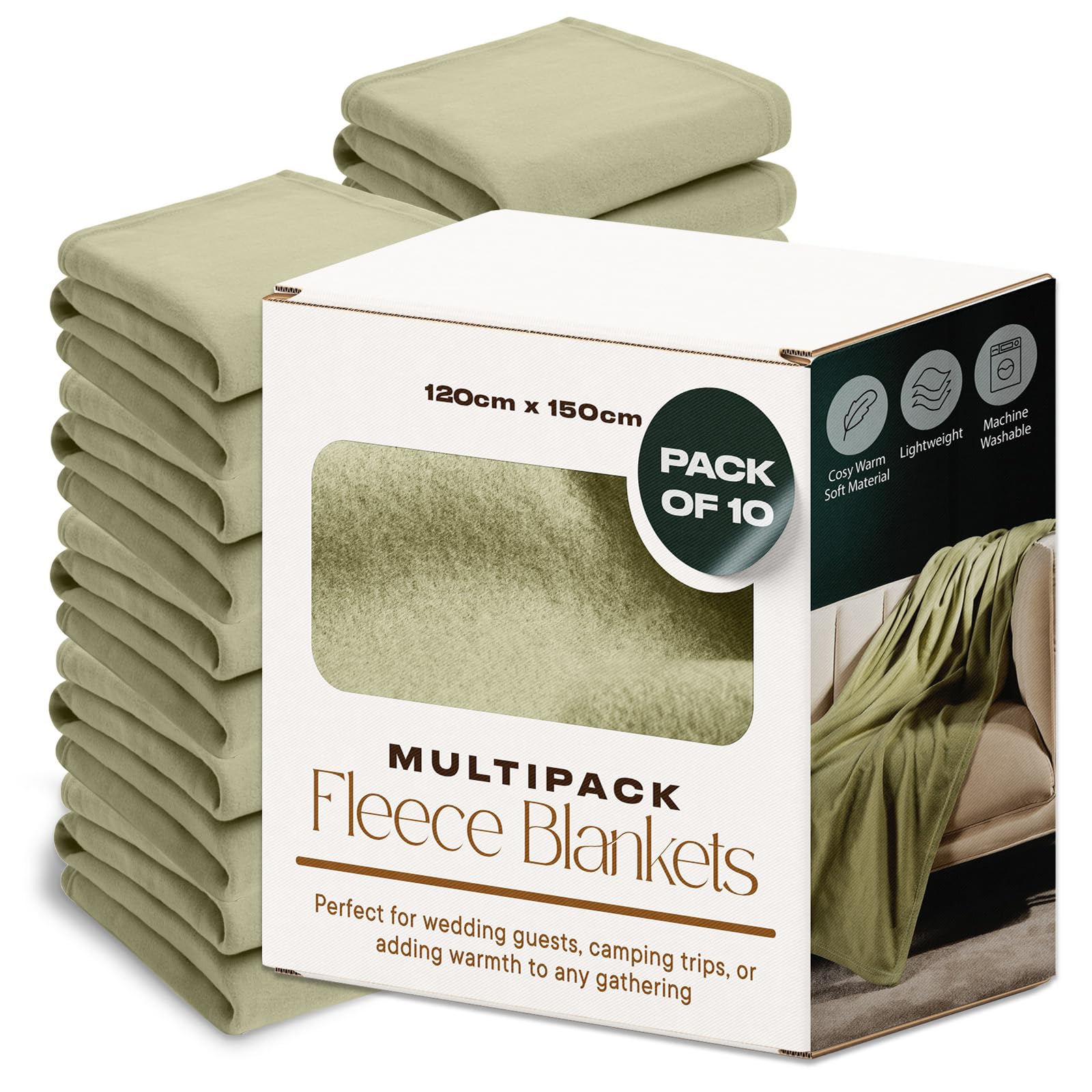 Dreamscene Sage Green Wholesale 10 X Fleece Blanket Green Throw, Soft Cosy Warm Throws For Sofas Bed Couch Settee Throws Joblot Travel Garden Blanket Single Bed Throw Bulk, - 120 X 150Cm