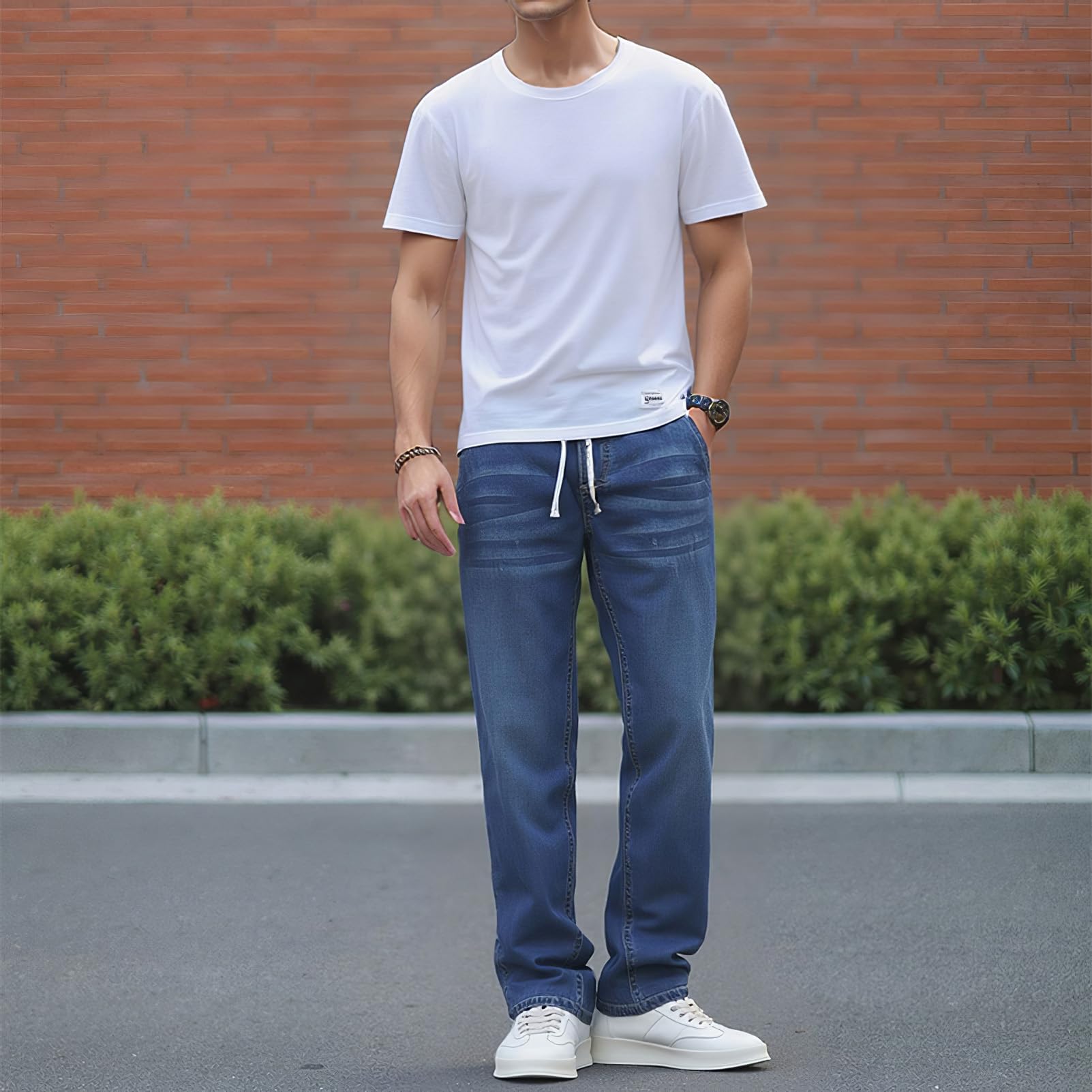 Hombre Verano Vaqueros Finos y Ligeros de Lyocell Pantalones Vaqueros de Cintura Elástica y Pierna Recta con Cordón Ajustable