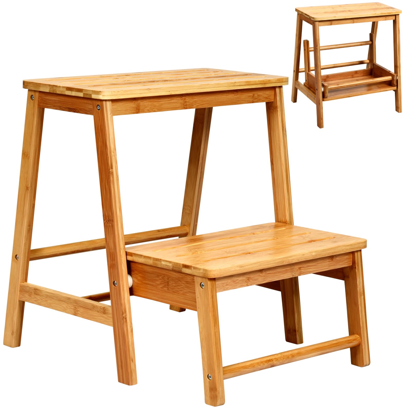 2 Tiers Bamboo Step Stool, Folding Ladder Stool, Portable Foot Stools Adults Kids Stepladder for Kitchen Bathroom, Max Weight 100kg (Natural)
