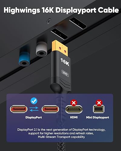 Miniatura 6 de Highwings Cable Displayport 2.1, 16K DP 2.0 Cable de 6 pies 16K 60Hz, 8K 120Hz, 4K 240Hz 165Hz 144Hz compatible con 54Gbps, HDCP DSC 1.2a, HDR10