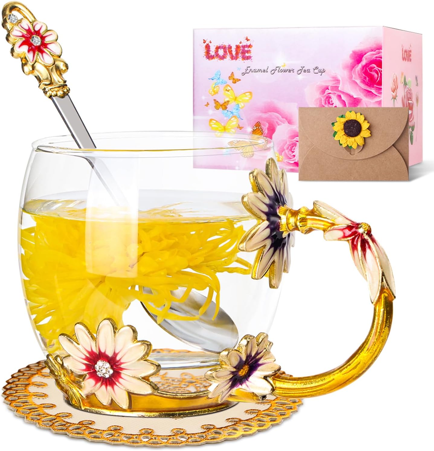 Birthday Gifts for Women Her Mom Teacher Friends Enamel Flower Tea Cup Glass Coffee Mug Gifts for Women Birthday,Mother's Day,Anniversary(330ML Gold)