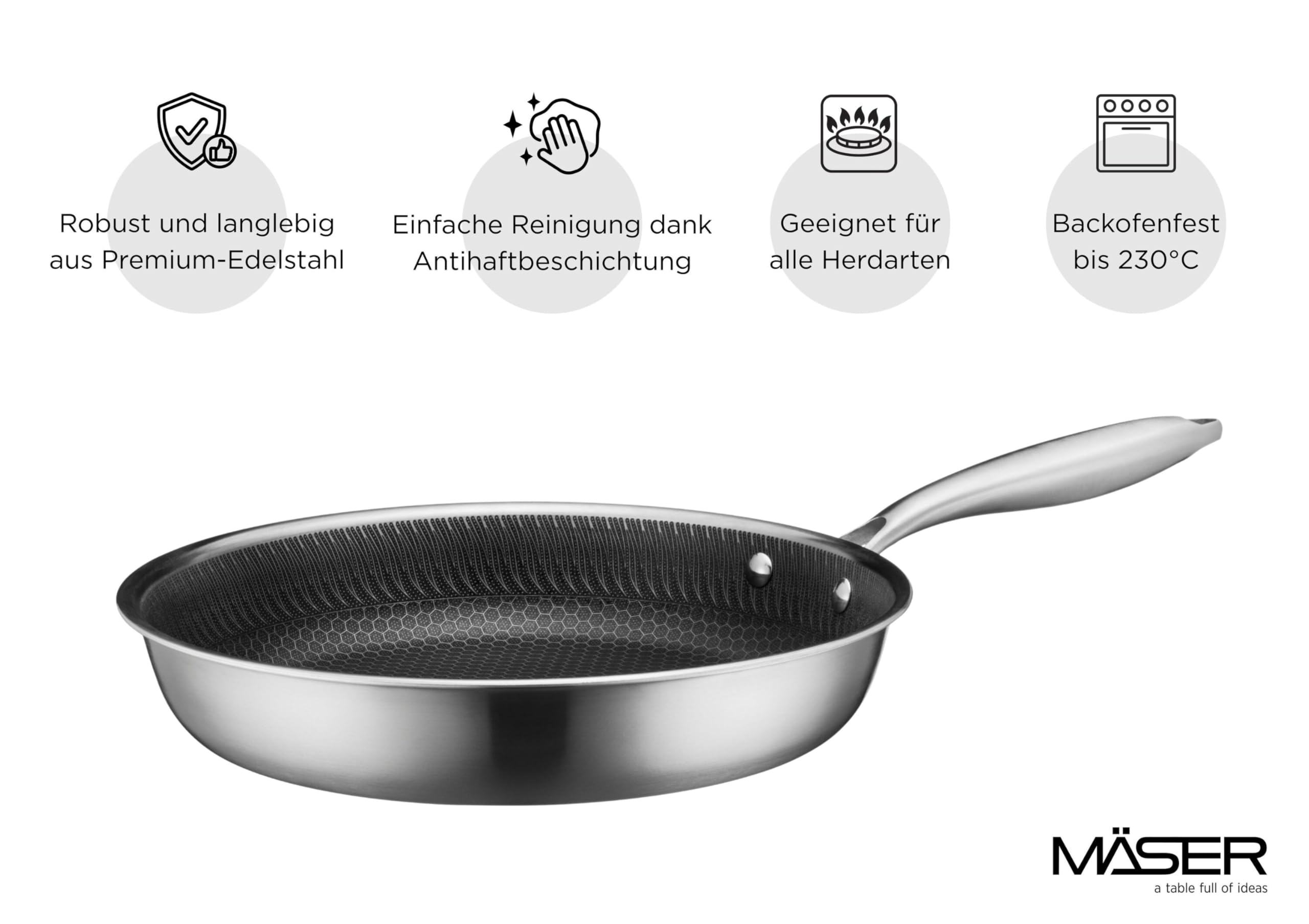MÄSER Hestia, Bratpfanne 24 cm, Edelstahl keramikbeschichtet mit Wabenstruktur, Silber/Schwarz