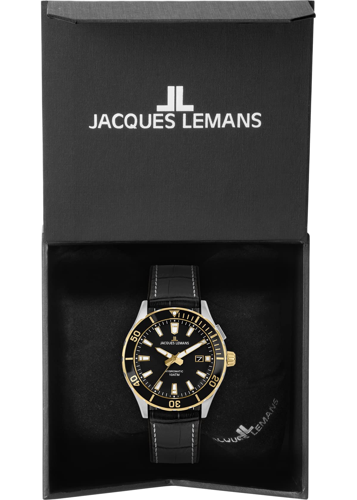 JACQUES LEMANS Zegarek męski, Hybromatic zegarki męskie, chronograf z masywnej stali nierdzewnej z silikonową skórzaną bransoletką, model 1-2131