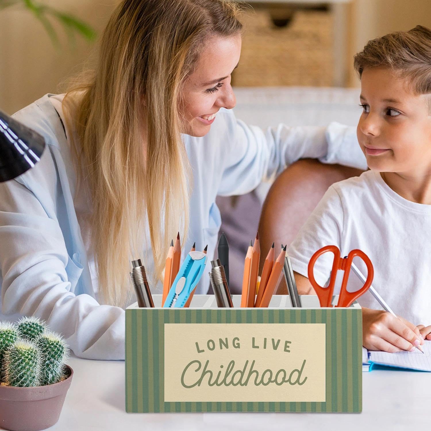 Kid Room Decor Pen Pencil Holder Organizer for Desk Accessories, Long Live Childhood Green Striped Wooden Box Signs Decorations for Classroom Kids Boys Girls Room Bedroom Desk Tabletop image 3