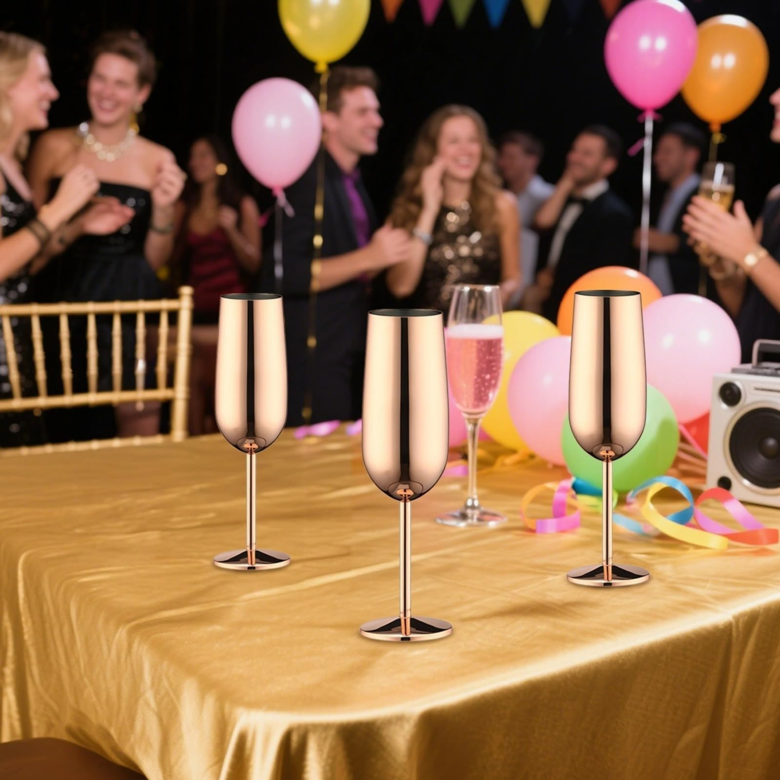 Juego de 2 copas de champán de 8,8 oz (260 ml), copas de boda de acero inoxidable de oro rosa irrompibles, tallo alto Vaso para bebidas