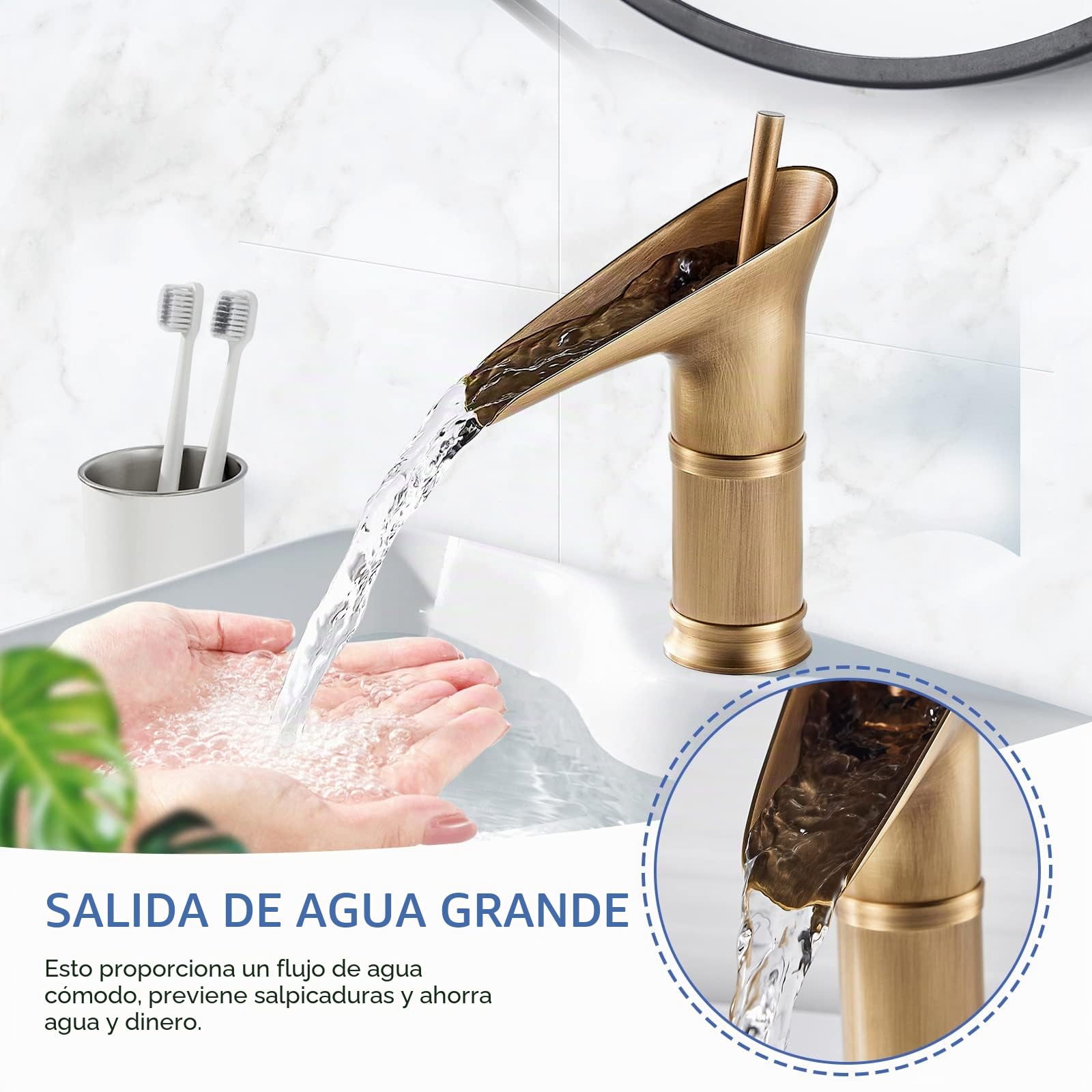Grifo Lavabo Cascada, Grifo Lavabo Retro, Grifo de Lavabo Monomando Vintage, Grifo de Baño Mezclador Monomando Agua Fria y Caliente Disponible, Latón Antiguo