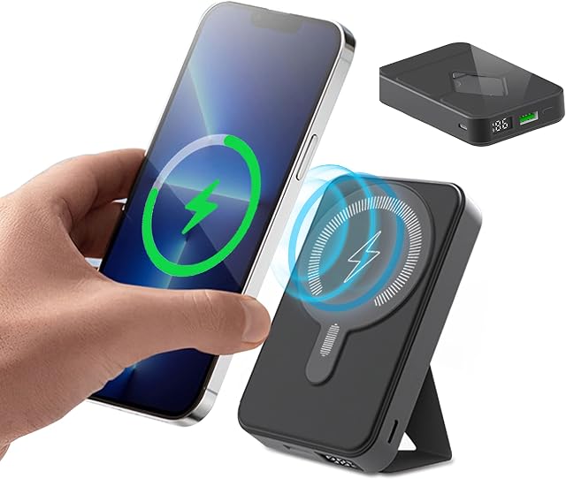 Magnetic Wireless Portable Fast Charger, 10000 mAh Power Bank Fast Charging with Foldable Stand, PD 22.5W with USB-C LED Display Battery Pack Compatible for iPhone 14/13/12 Series (Black)