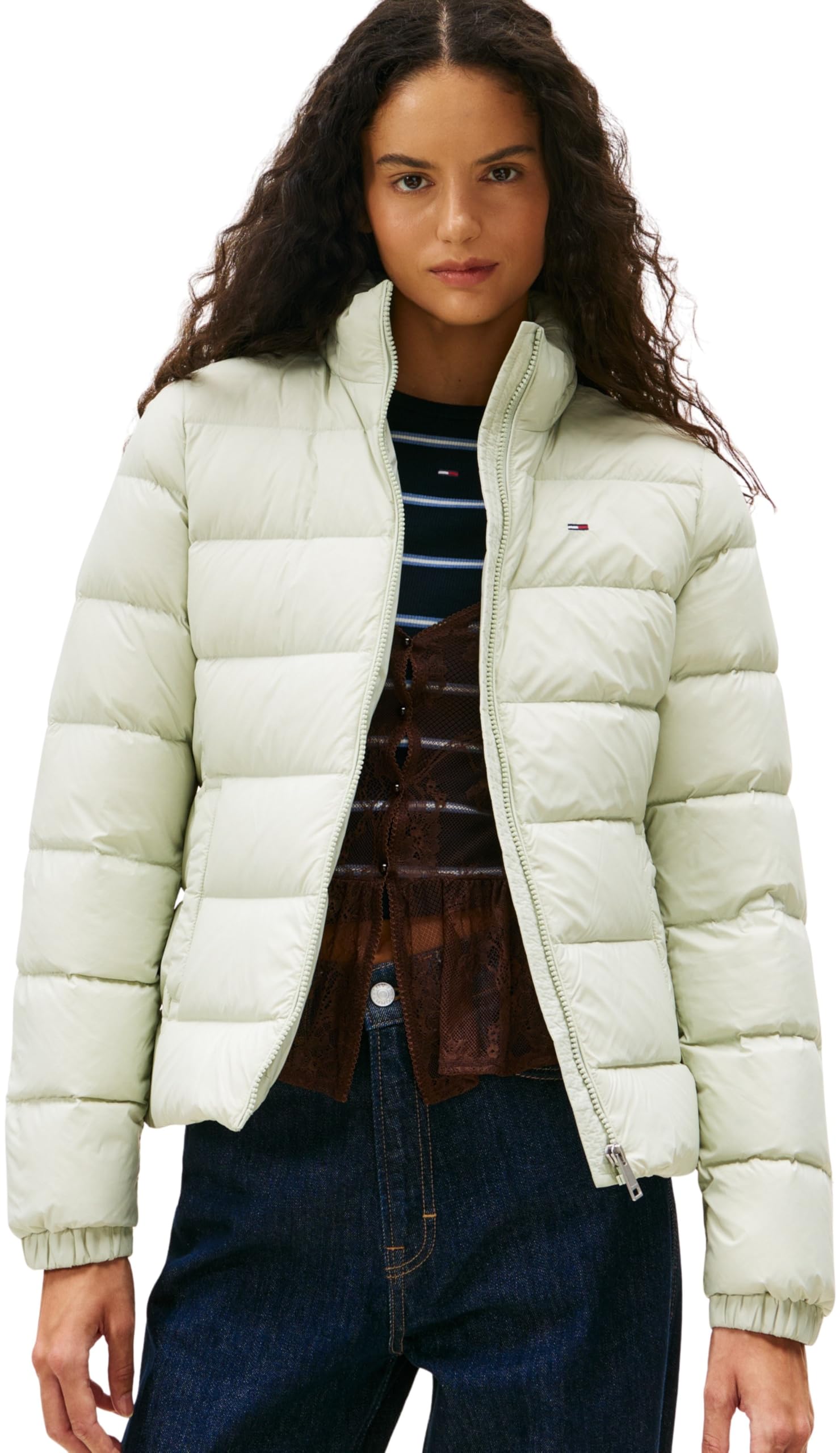 Tommy Jeans Women's Basic Hooded Down Puffer Jacket, Green (Misty Sage), L