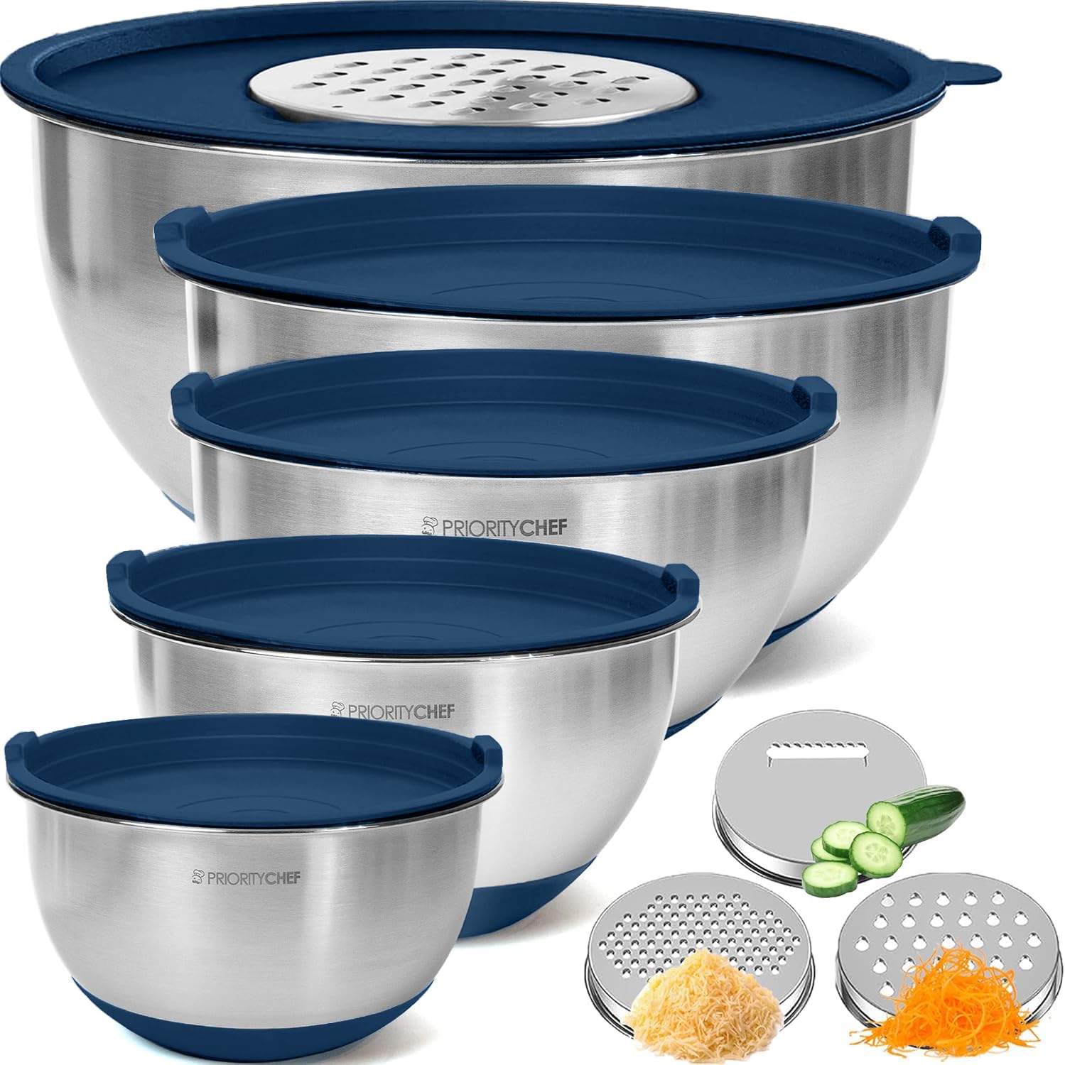 Priority Chef Stainless Steel Mixing Bowls with Lids Set, 3 Grater Attachments, Airtight Lids, Non-Slip Silicone Base Mixing Bowl Set, Large Prep Metal Mixing Bowls for Kitchen, Blue