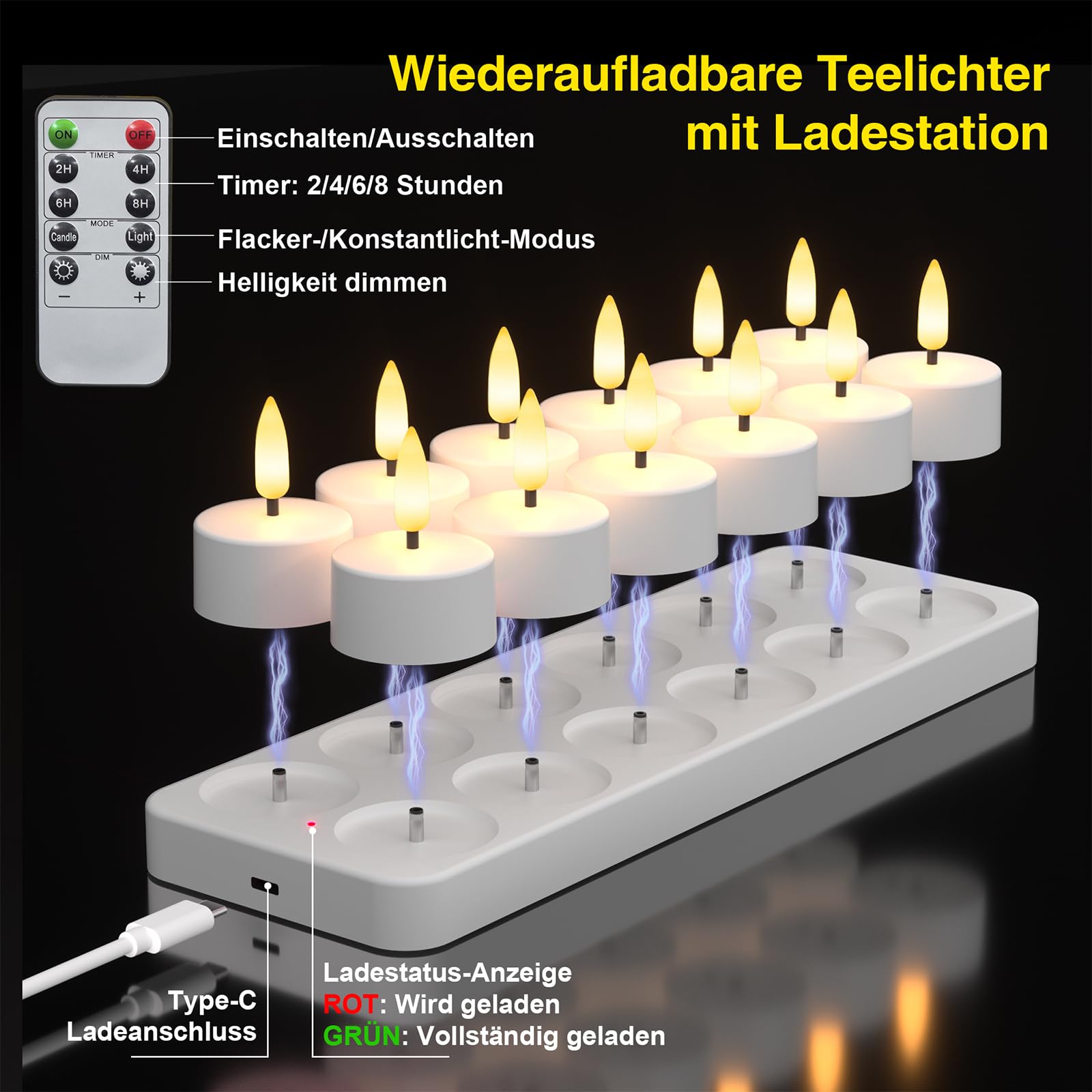 Set di 12 lumini a LED ricaricabili senza fiamma con stazione di ricarica, con telecomando e timer per matrimoni, Natale, Halloween, anniversari e decorazioni per la casa