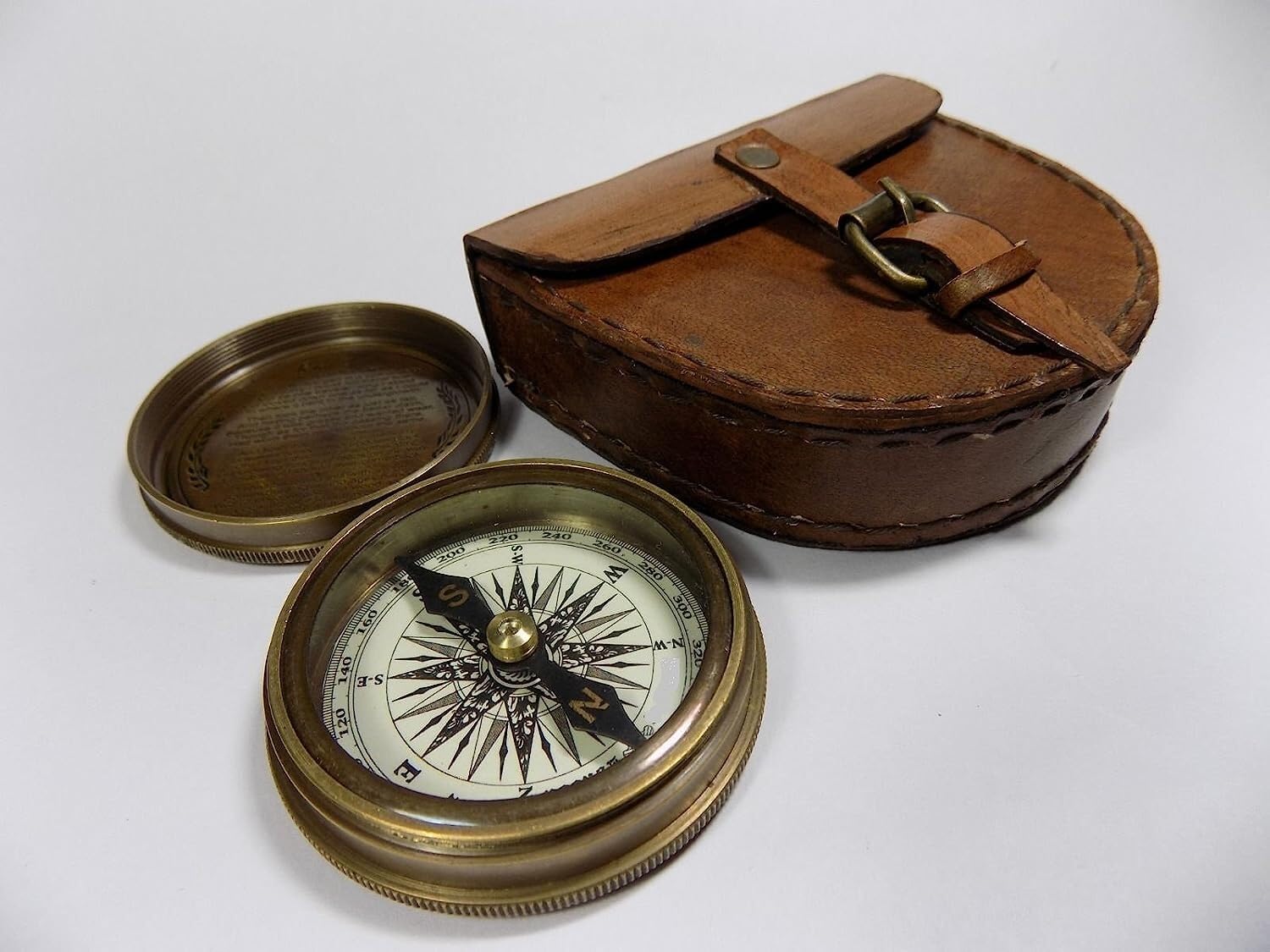 SECURE DECOR Authentic Vintage Style Brass Pocket Compass with Leather Case | Classic Handmade Nautical Compass for Travelers Adventurers Collectors Decoration-picture-21