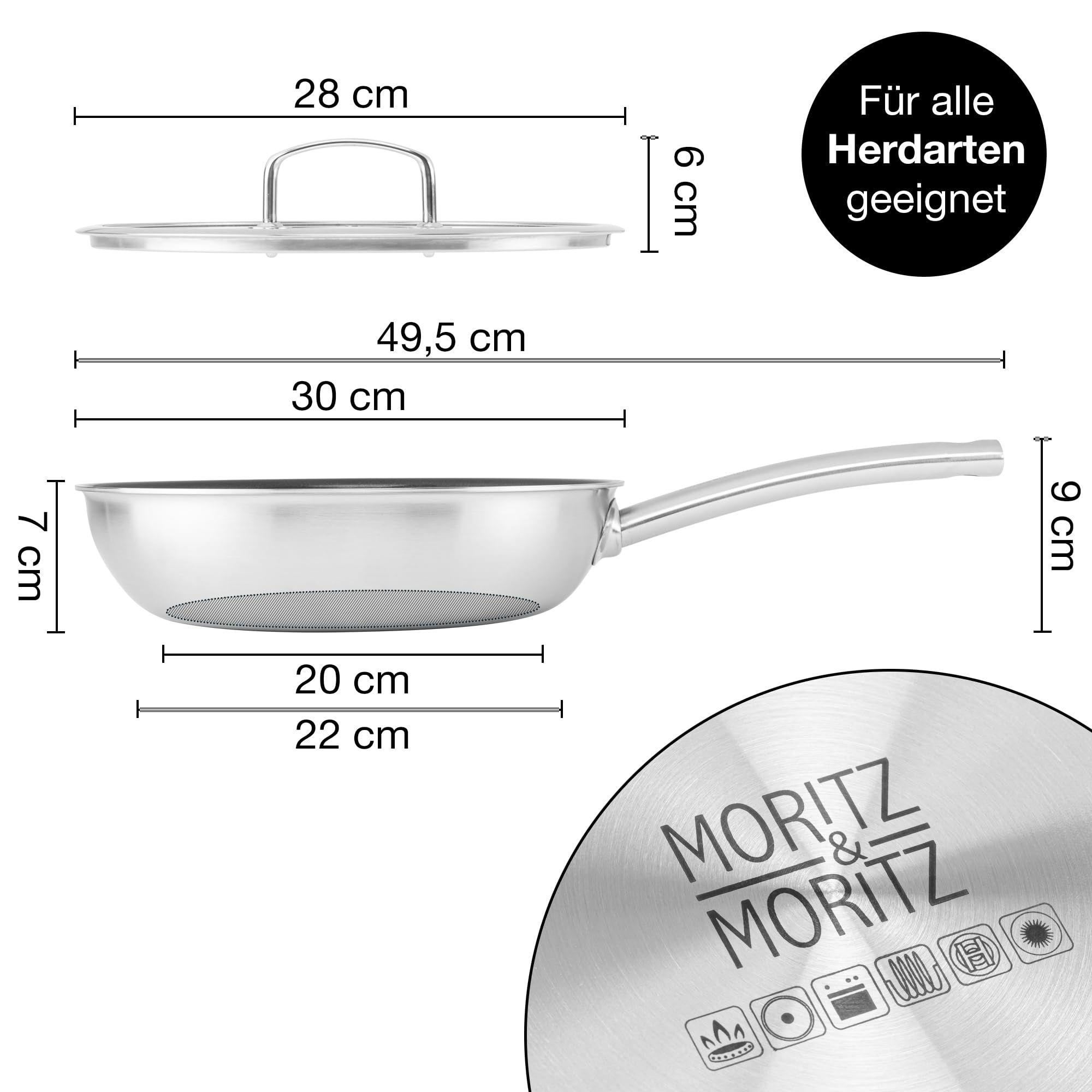 Moritz & Moritz Edelstahlpfanne Wabenstruktur 28cm mit Keramikbeschichtung der neuesten Generation - für alle Herdarten geeignet - Antihaft Pfanne mit rundem Rand zum Kochen, Braten und Schmoren