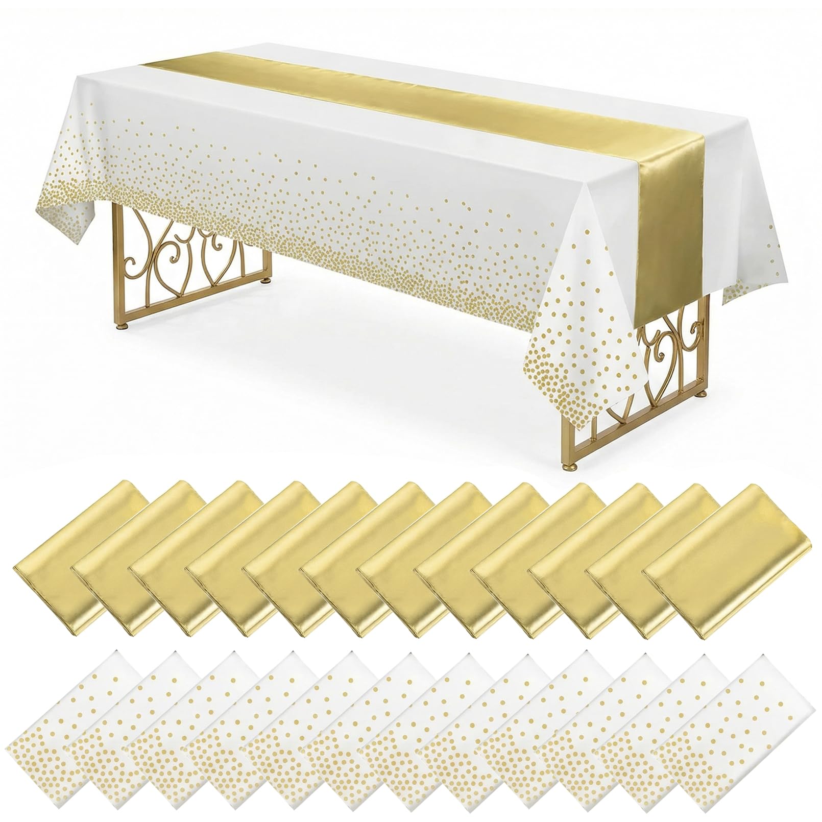 Incisite 24 Pack White and Gold Tablecloth and Table Runner Set,137x274 cm Disposable Plastic Dot Tablecloth,29x274 cm Gold Satin Runner for Wedding Birthday Graduation Anniversary Party Decorations