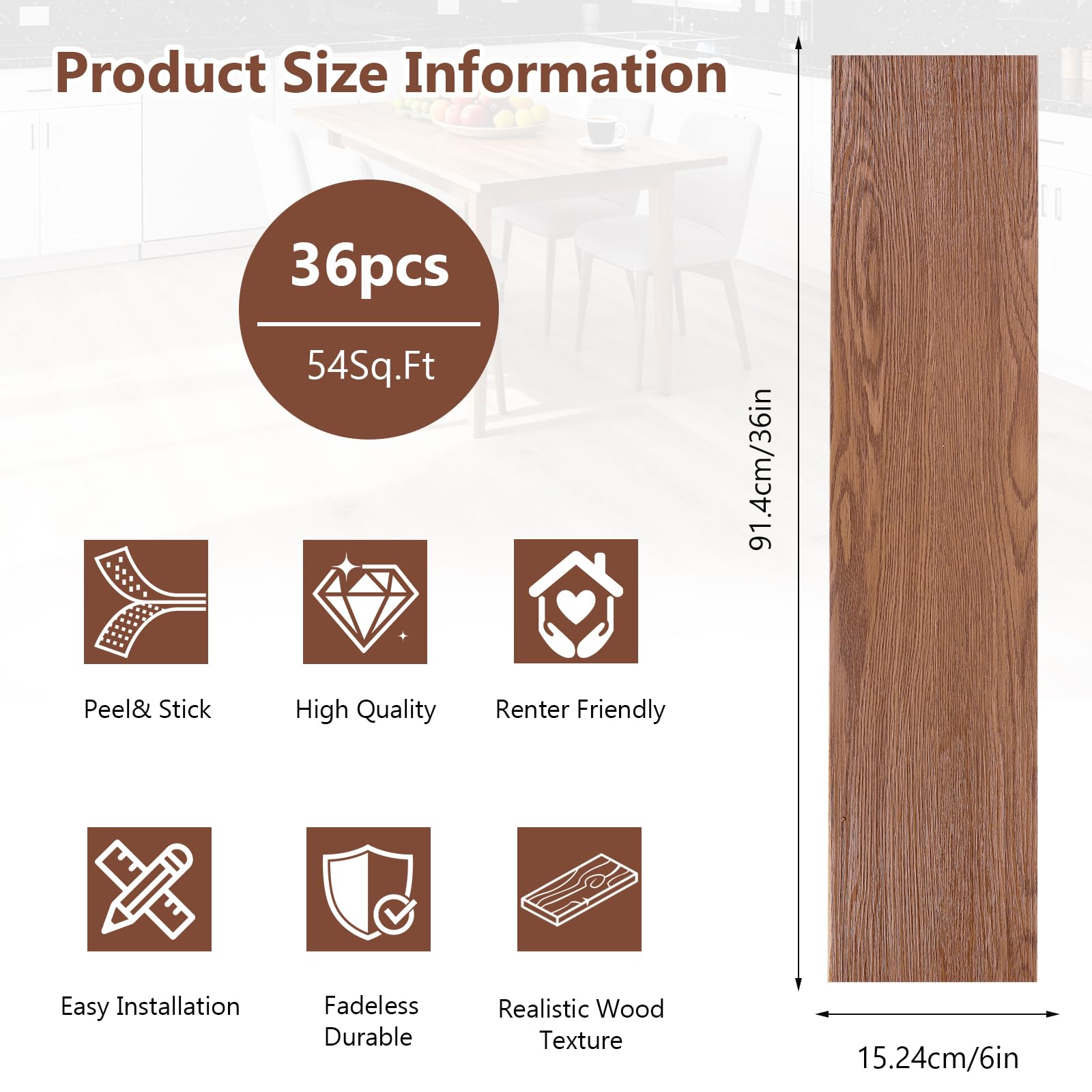 PVC Bodenbelag Selbstklebend, 36 Stück Vinylboden Selbstklebend mit Holzoptik, Wasserfest Bodenfliesen Selbstklebends für Küche Wohnzimmer Bodenbelag, 2.0mm, 5.02m², 15,24 cm x 91,44 cm (Dunkelbraun)