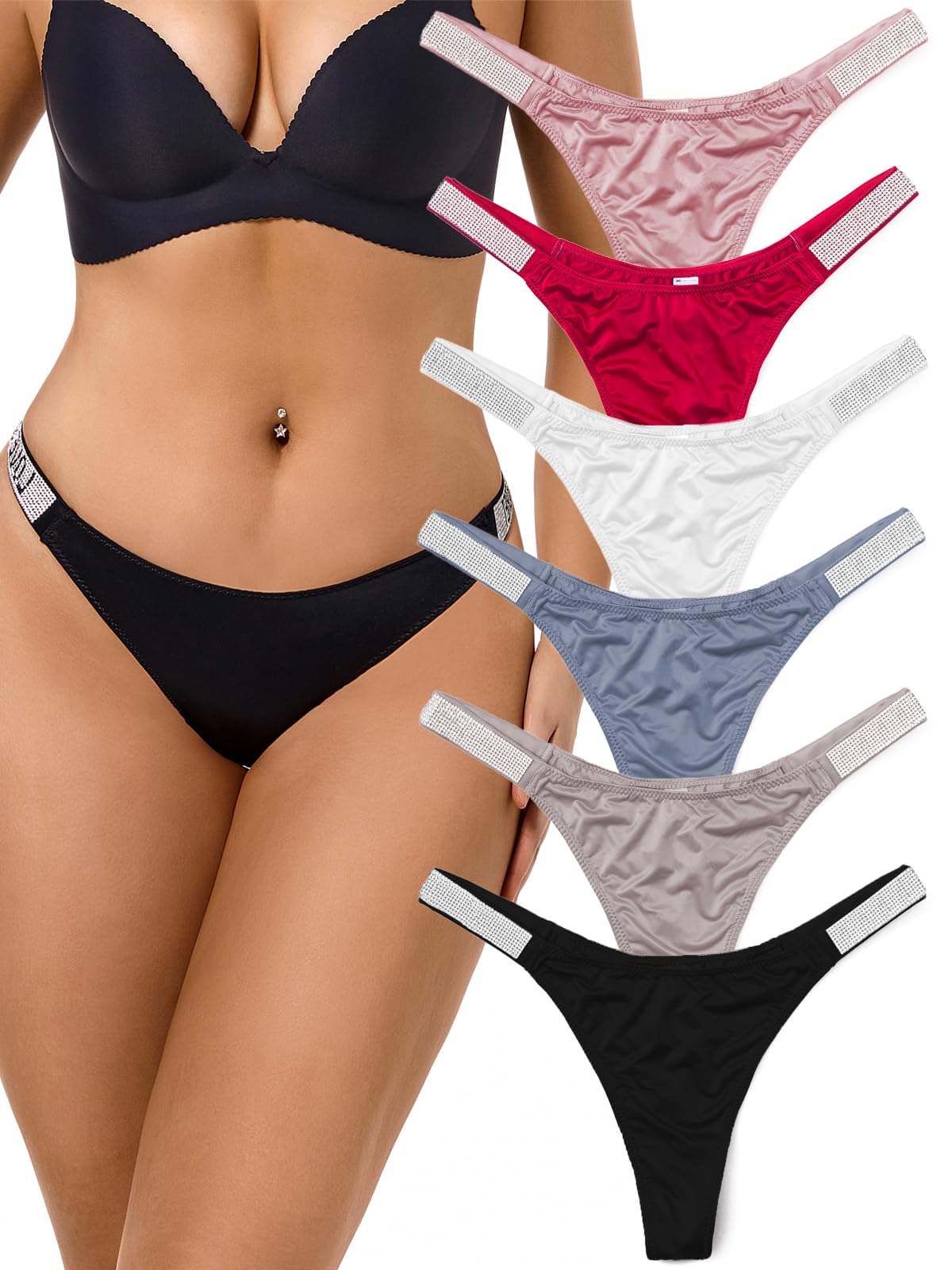 Rhinestone G-string Thongs for Women - Sexy Thong Underwear Stretch Breathable Low Rise Ice Silk Panties 6 Pack