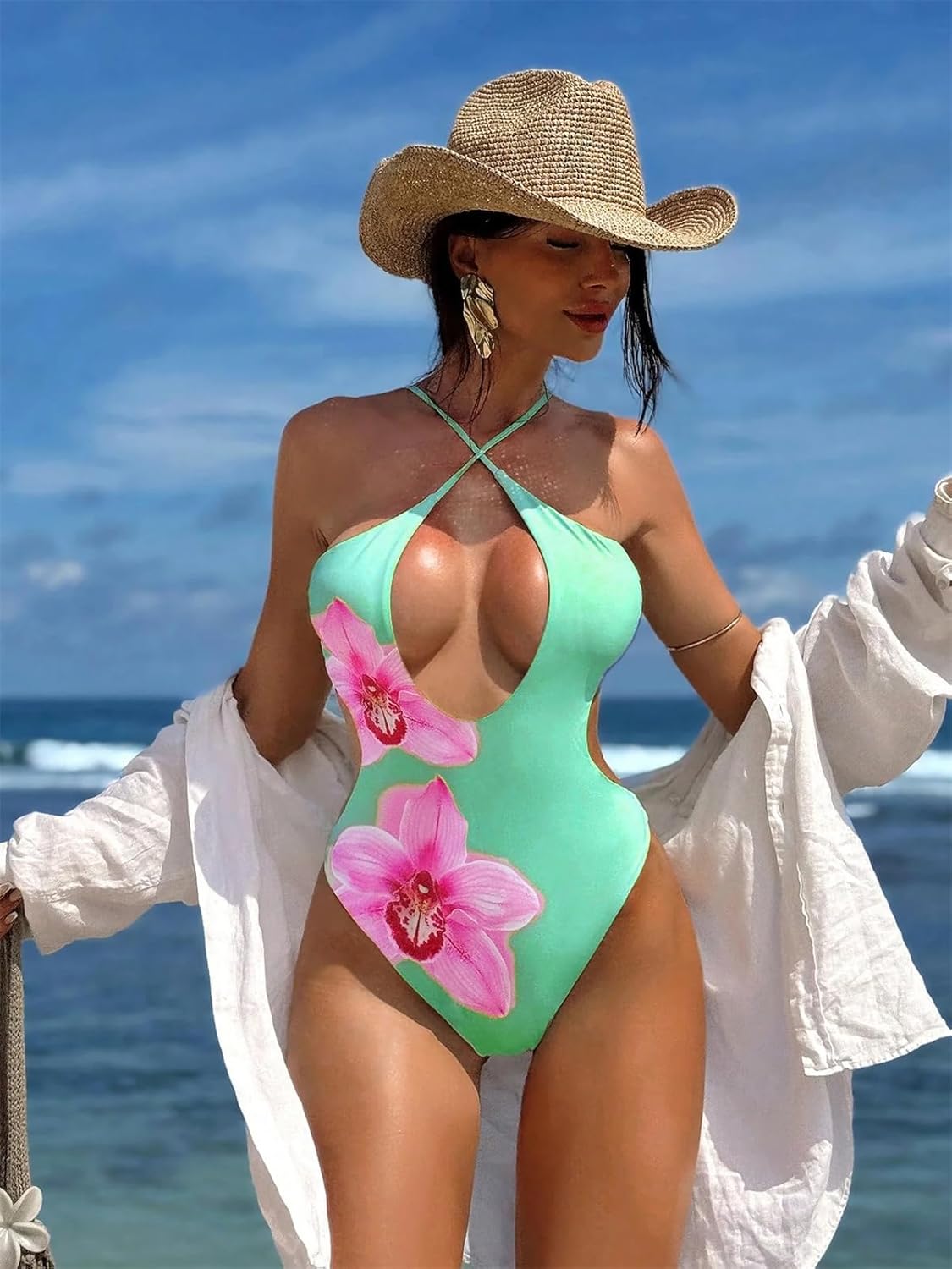 Women Sexy One Piece Swimsuit Criss Cross Halter Neck Backless Cutout Bathing Suit High Cut Cheeky Monokini
