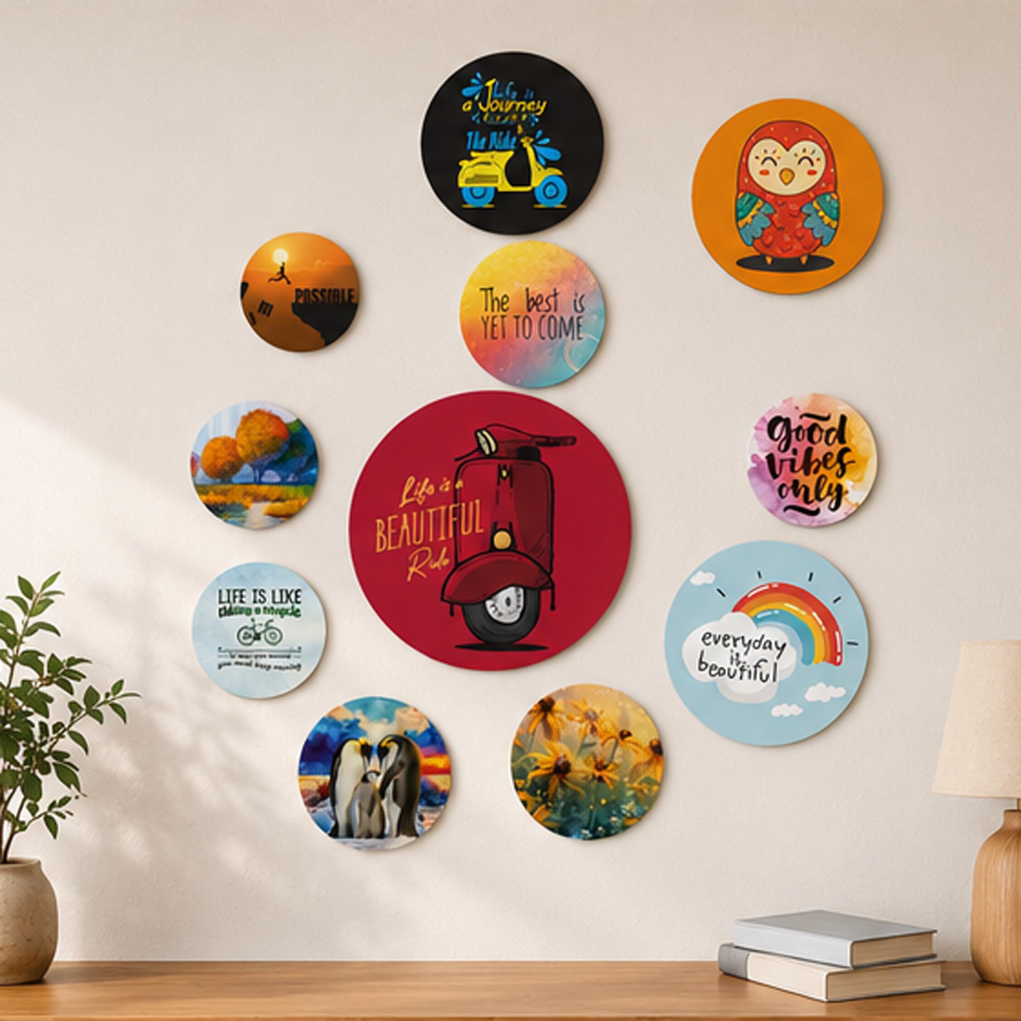 Love Hamper Motivational Wall Decor Set of 11 | MDF Wooden Inspirational Quote Wall Art for Living Room, Bedroom, Office, Study Room | Colorful Round Wall Hanging Decoration with Strong Adhesive Tape | Multicolor (Inspirational-2)-image-28