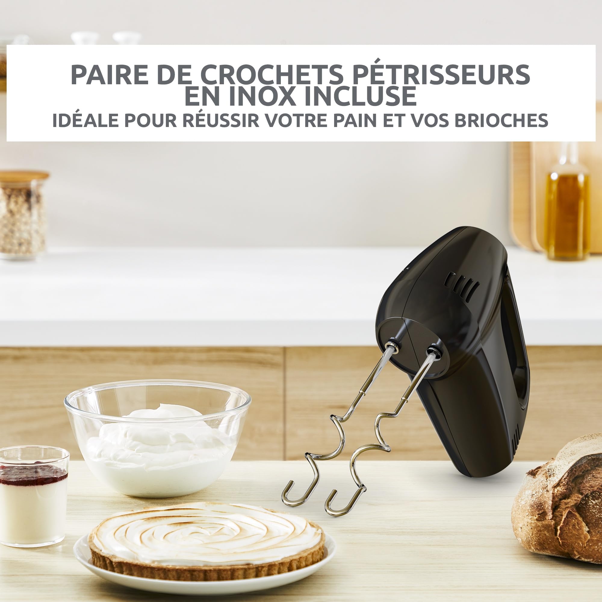 Moulinex Quick Mix, Batteur à main, 300 W, Fouets et crochets pétrisseurs en acier inoxydable, Poignée ergonomique, 5 vitesses réglables + Pulse, Compact, HM3108B1, Noir