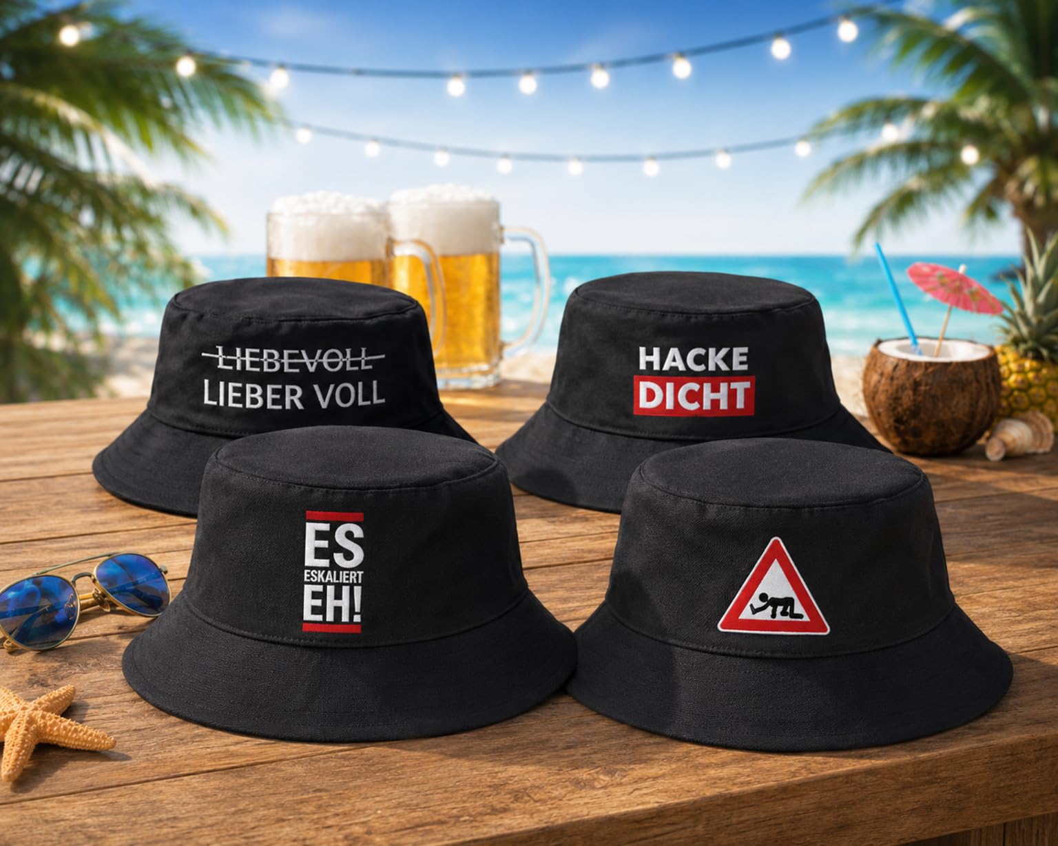 KAMACA 4er Set Fischerhut Partyhut mit Spruch – Bucket Hat – Lustige Partyhüte für Festival, Mallorca Urlaub, JGA, Strand & Sommerparty – Einheitsgröße Unisex