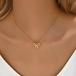 Gold Necklace for Women 18K Gold Plated Dainty Heart Bow Pendant Necklace CZ Bow Herringbone Chain Trendy Jewelry Gifts