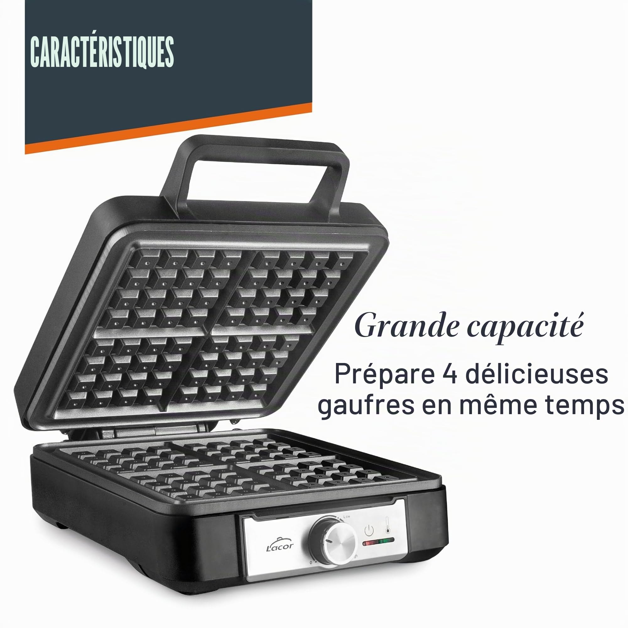 Lacor 69434 - Gaufrier électrique pour 4 gaufres à Gand, 25 x 32 x 12 cm | Ustensile professionnel durable; conçu pour un rendement optimal y nettoyage rapide et facile au lave-vaisselle