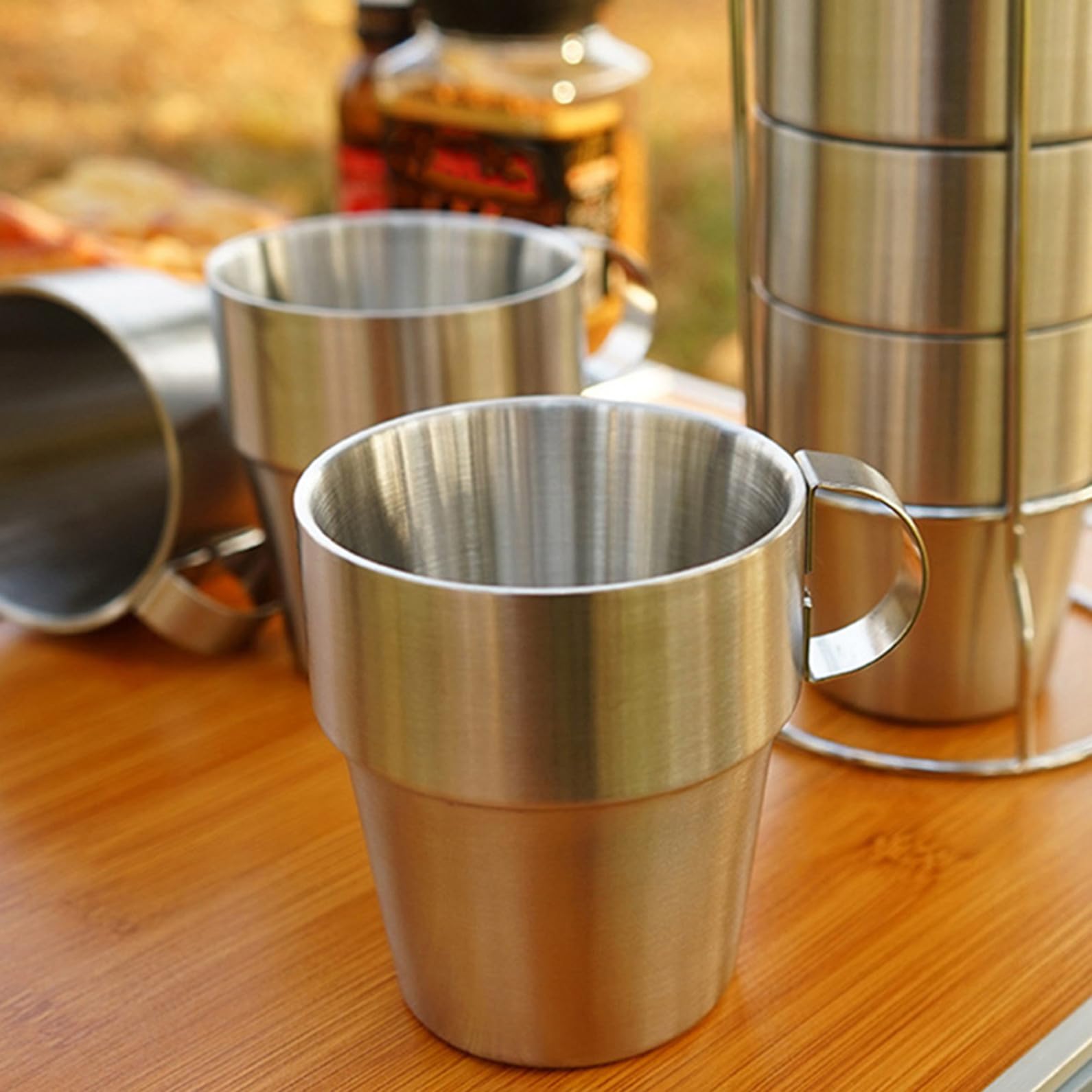 Doppelwandiger Campingbecher aus Edelstahl, 1 Satz Silber | Isoliert und Anti Scald, Praktische Griffgestaltung, Glatte Oberfläche, Leicht zu Reinigen