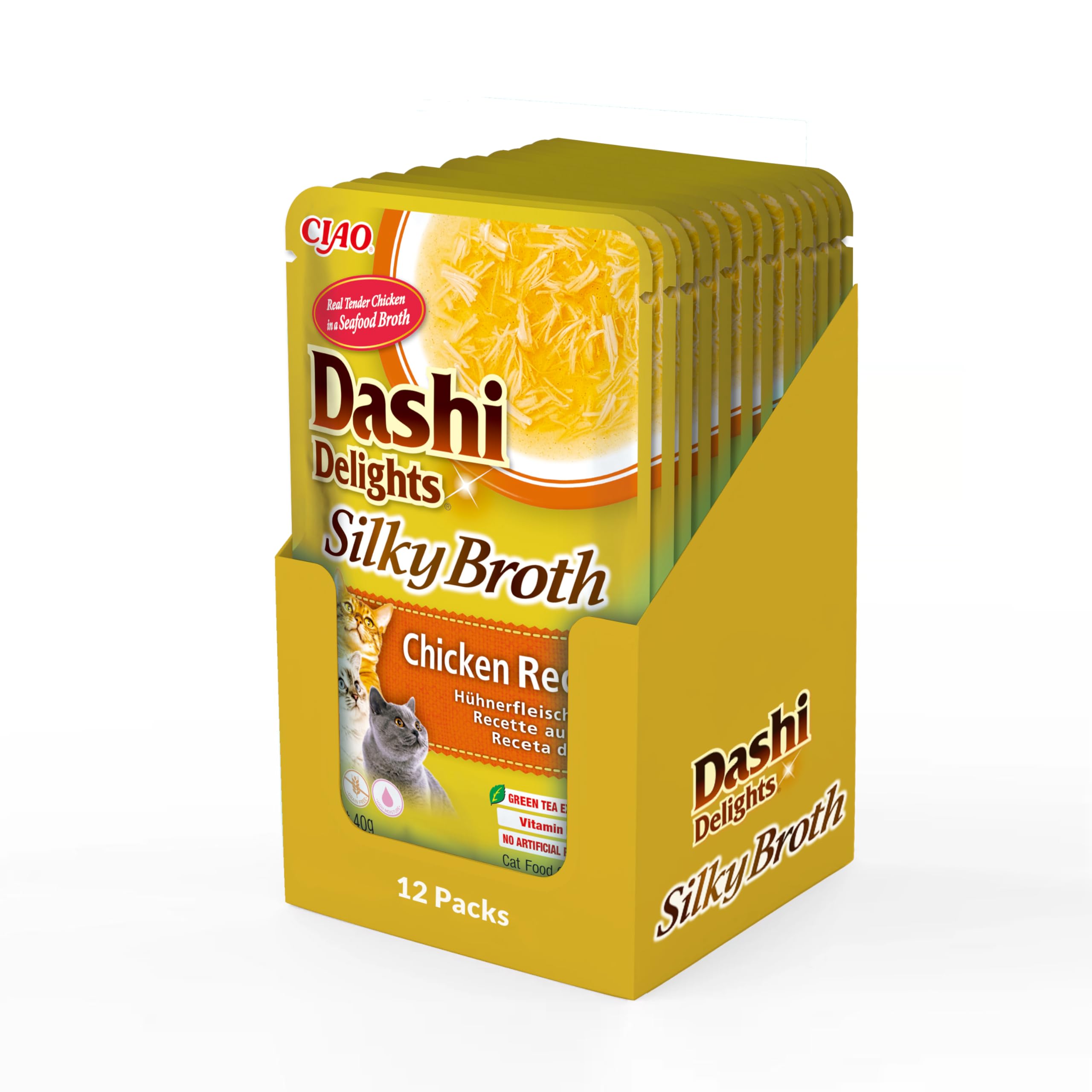 INABA Dashi Delights Silky Broth, Wet Food for Cats with Chicken, Fish Broth, Rich in Protein, Natural Ingredients, Complementary Meal, Value Pack, 12 Packs of 40g