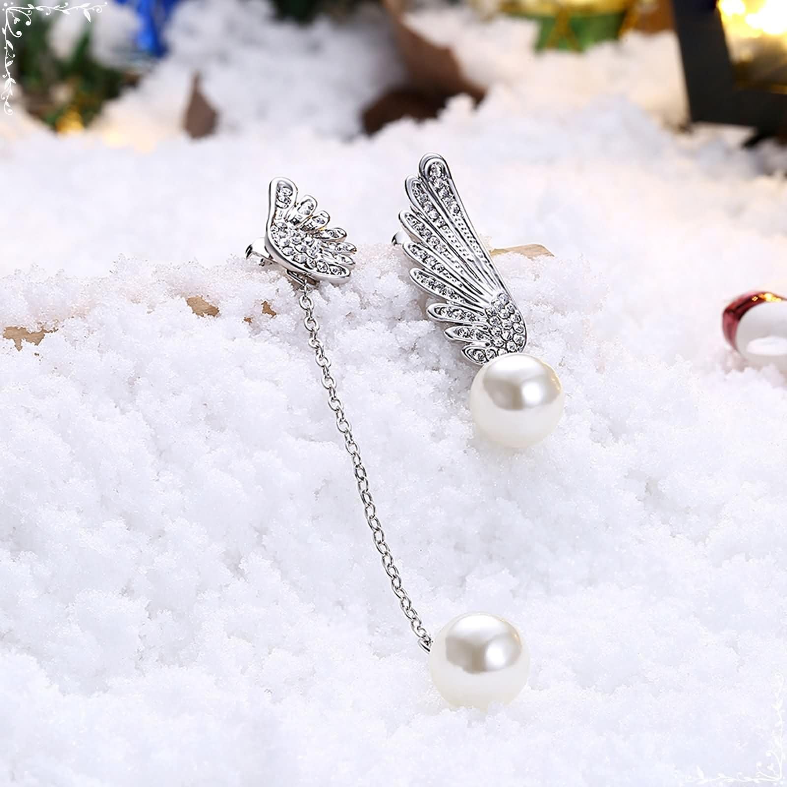 Oro Bianco Orecchini Donna 9 K / 14 K / 18 K, Ala e Perla con Diamante, Orecchino Donna a Pendente Argento