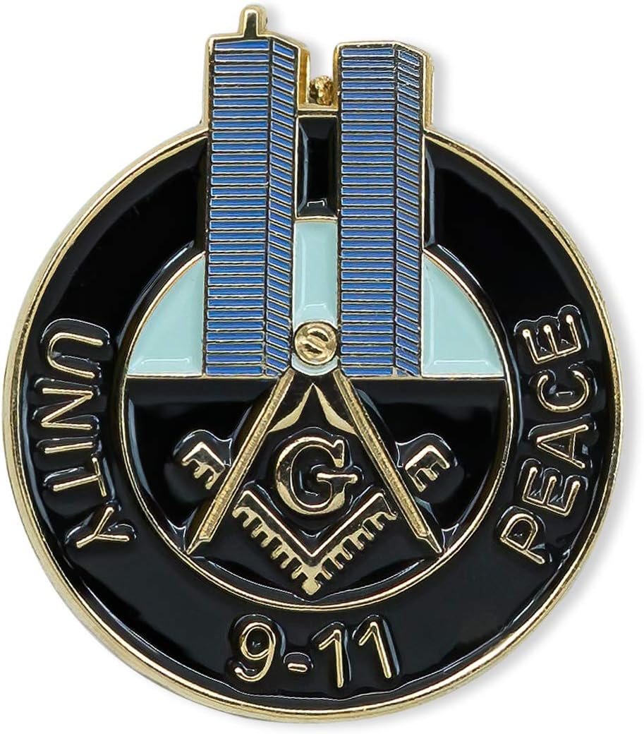Square & Compass Twin Towers 9-11 Unity Peace Masonic Lapel Pin - [Black & Blue][1 1/8'' Tall]
