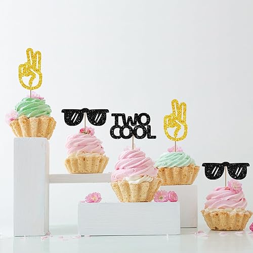 Miniatura 4 de Juego de 24 dos geniales adornos para cupcakes para 2º cumpleaños, purpurina dorada y negra con purpurina de feliz segundo cumpleaños para el