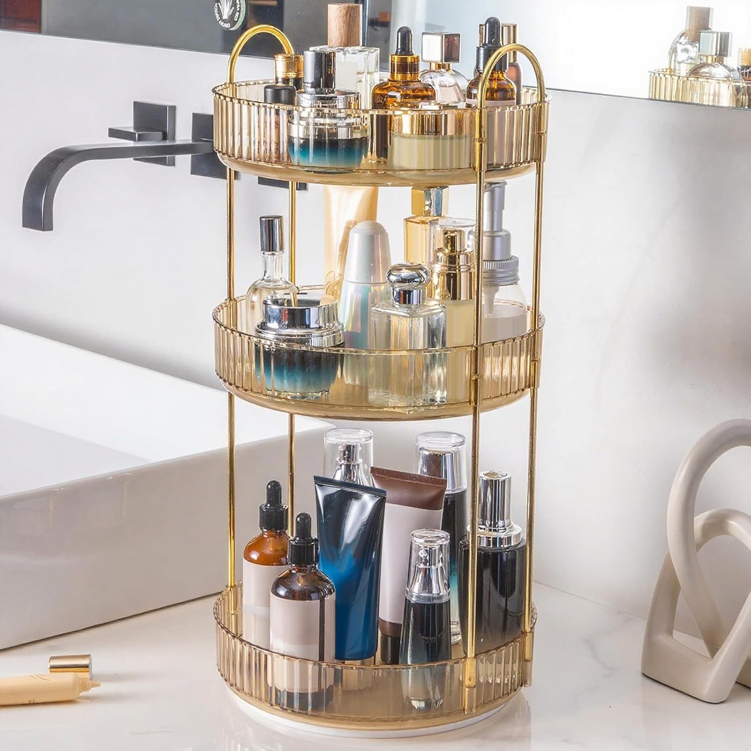 360° Rotating Makeup Organizer, Bathroom Make Up Spinning Holder Rack, Cosmetics Storage Vanity Shelf Countertop, Fits Cosmetics, Perfume, Skincare, Lipsticks (Amber Gold, 3 Tier)-image-12