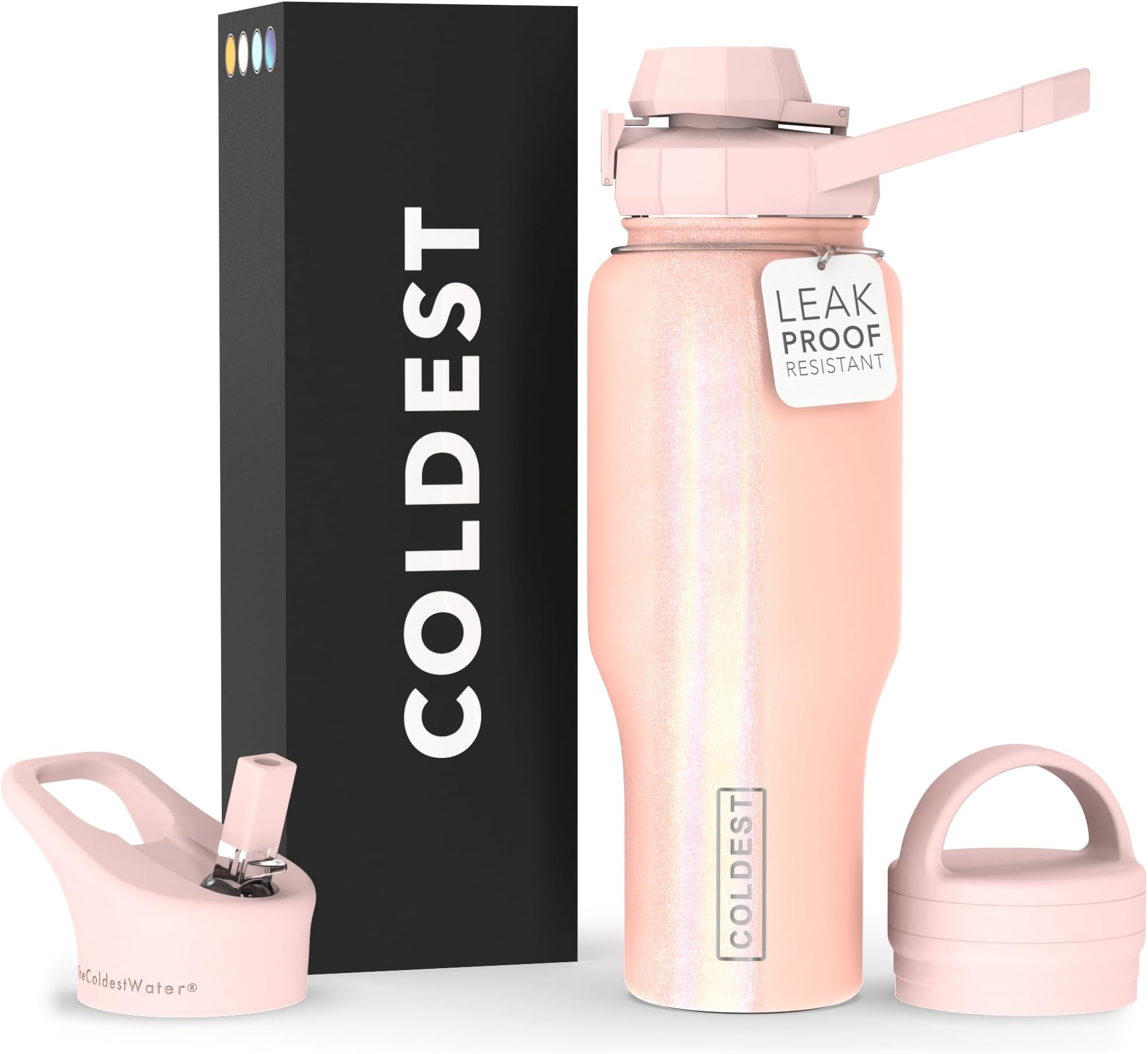 COLDEST Sports Water Bottle - 3 Lids (Chug Lid, Straw Lid, Handle Lid) Tumbler with Handle on Lid Water Bottles Cup Vacuum Insulated Stainless Steel, Fits Cirkul Lid (36 oz, Forever Pink Glitter)