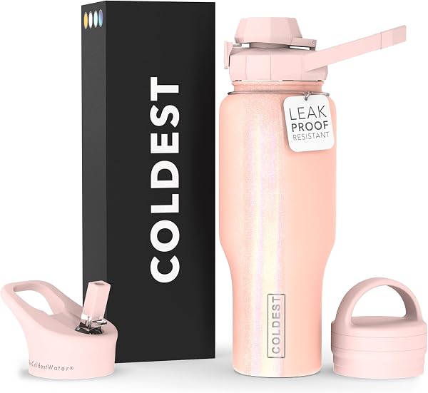 Coldest Sports Water Bottle - 3 in 1 Lids (Chug, Straw, Handle) - Insulated Stainless Steel Tumbler with Handle - Vacuum