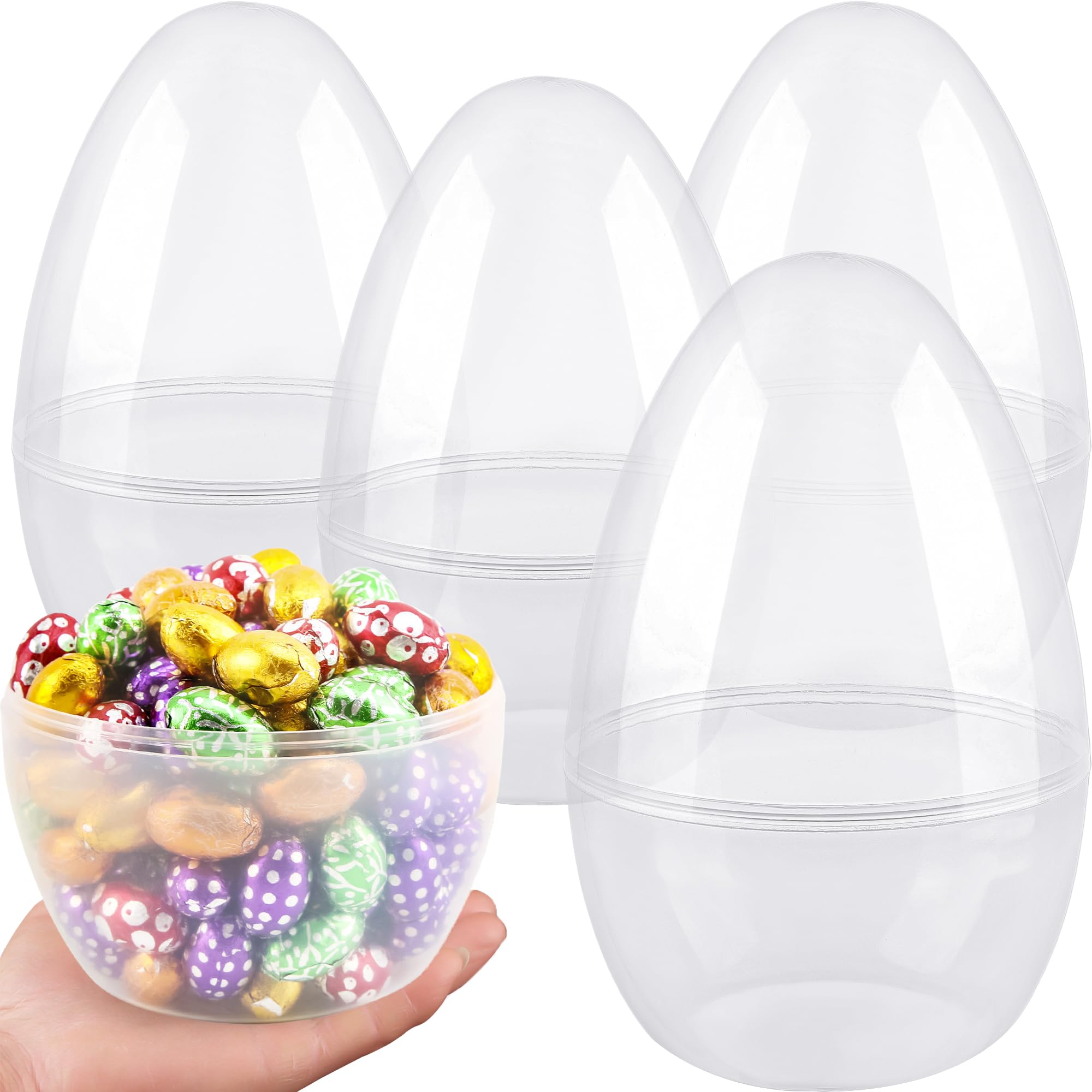 Photo 1 of 12 Inch/ 10 Inch/ 8 Inch Giant Clear Easter Eggs Fillable 4/5/ 6/7 Pcs Jumbo Plastic Easter Eggs Large Easter Eggs Empty for Egg Hunt Supplies Easter (4 Pcs - Clear (10 Inch))