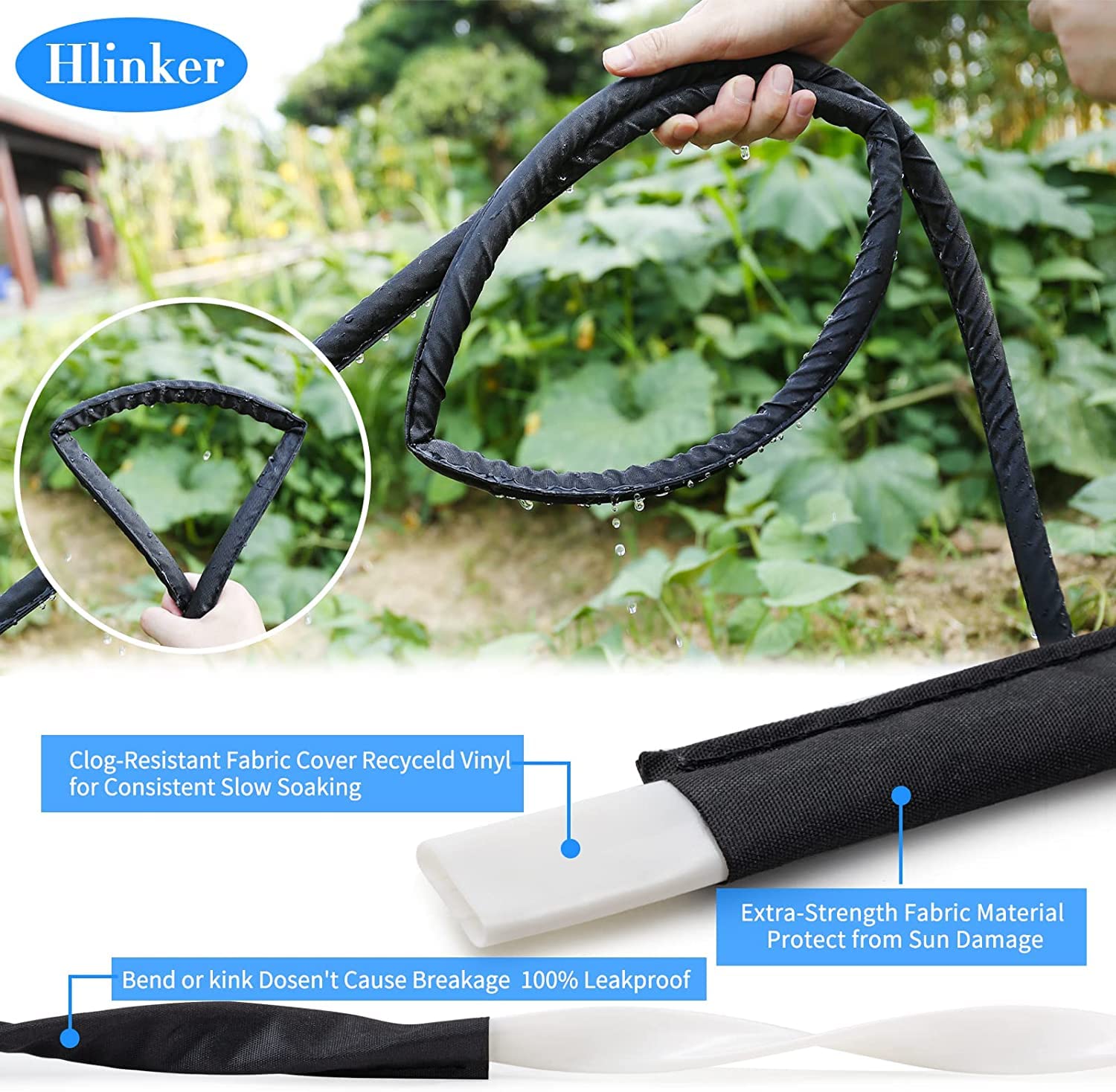 Hlinker 2025 Tubo piatto da 45,7 m (22,9 m, 2 confezioni) con picchetto per giardino, tubo antigoccia collegabile, sistema di irrigazione fai da te, risparmio idrico dell'89% di acqua, design a doppio