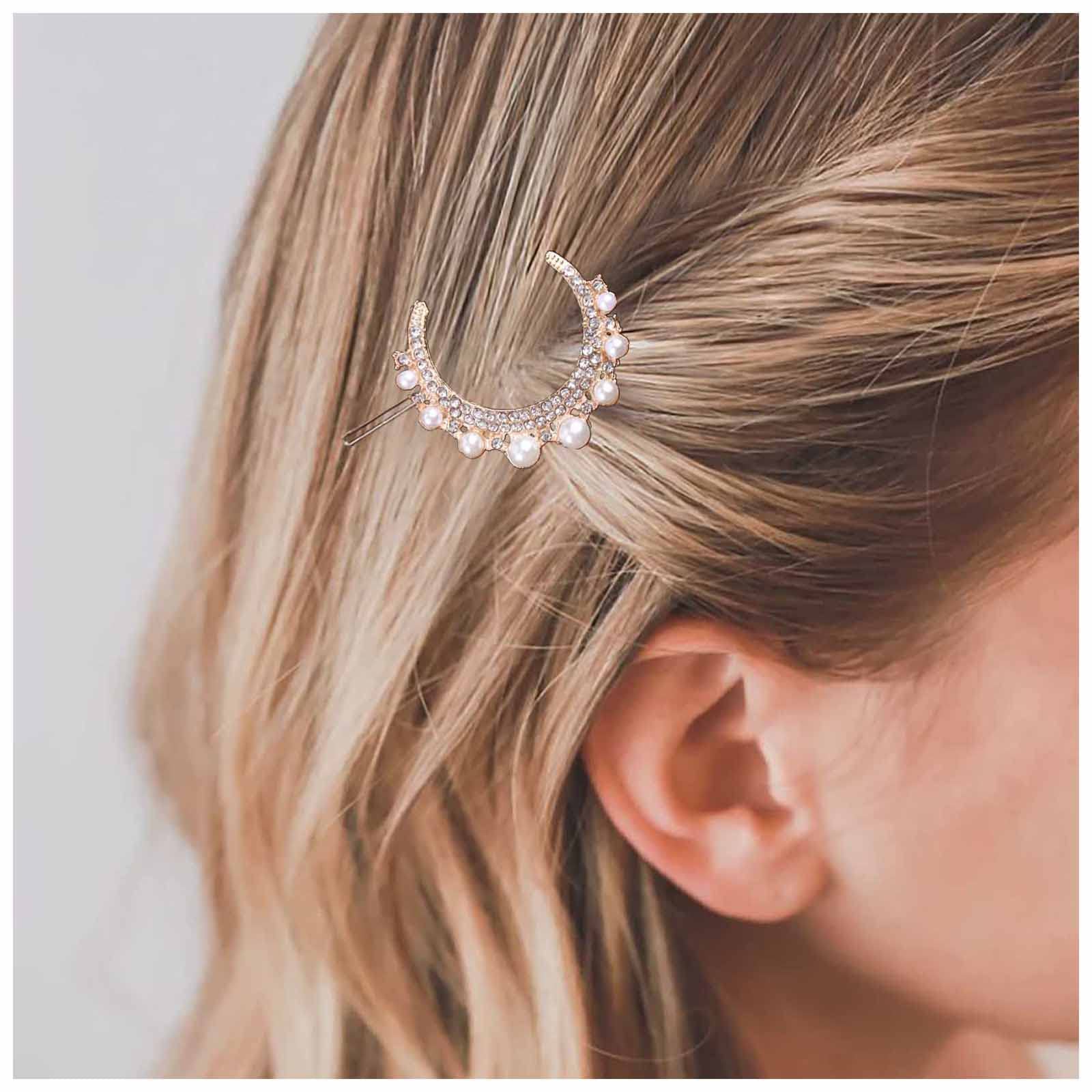 Yheakne Boho Crystal Moon Hair Clip Cz Moon Hair Pin Clip Gouden Parel Halve Maan Haar Baret Pin Parel Hoofd Clip Hoofddeksels Decoratieve Hoofddeksels Haaraccessoires voor Vrouwen en Meisjes (Goud
