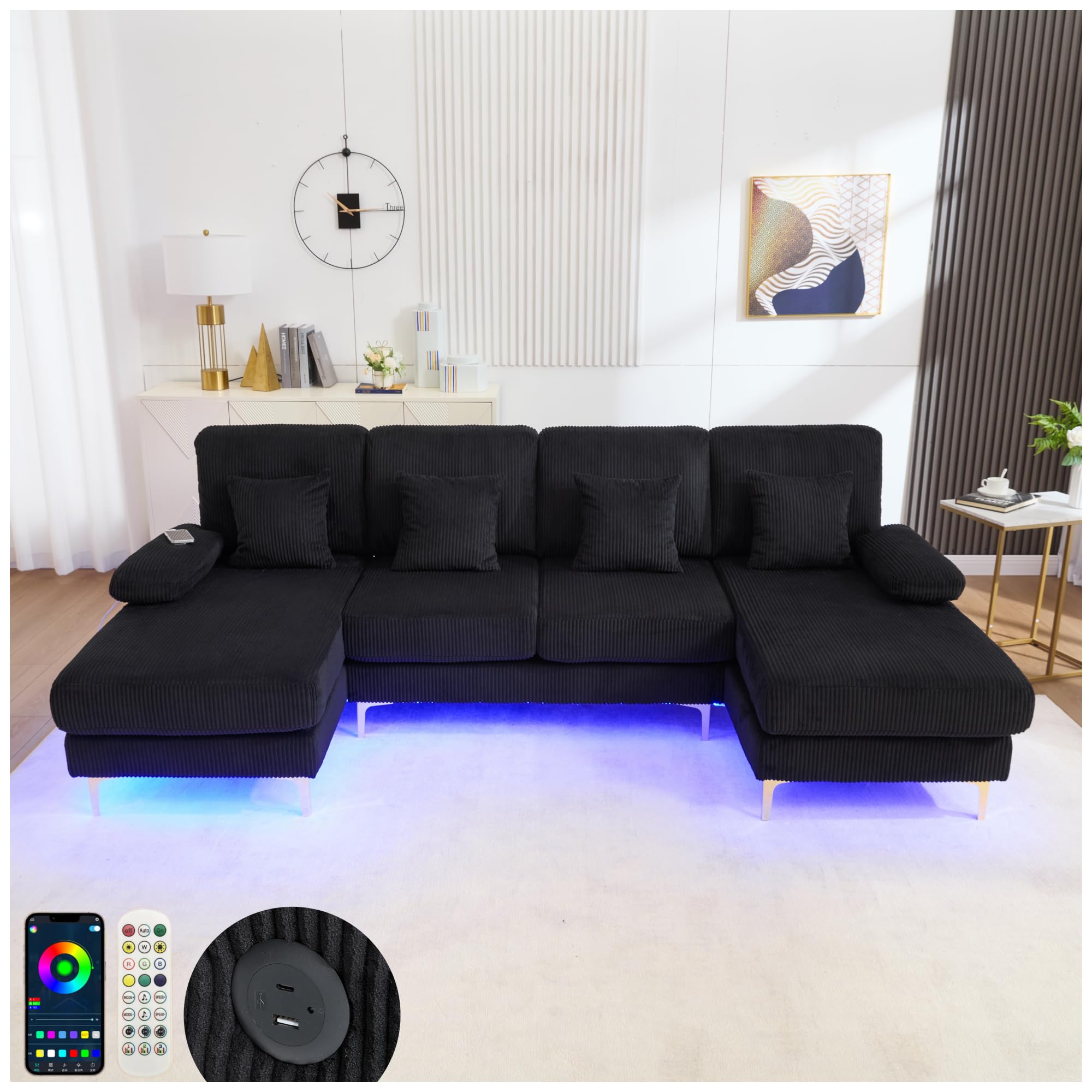 Sapgaks Canapé Moderne en Forme de U avec éclairage d'ambiance LED et Port USB+Type-C,canapé 4 Places avec 4 Coussins Luxueux et Dossier Ergonomique Haut de Gamme,Velours,Noir