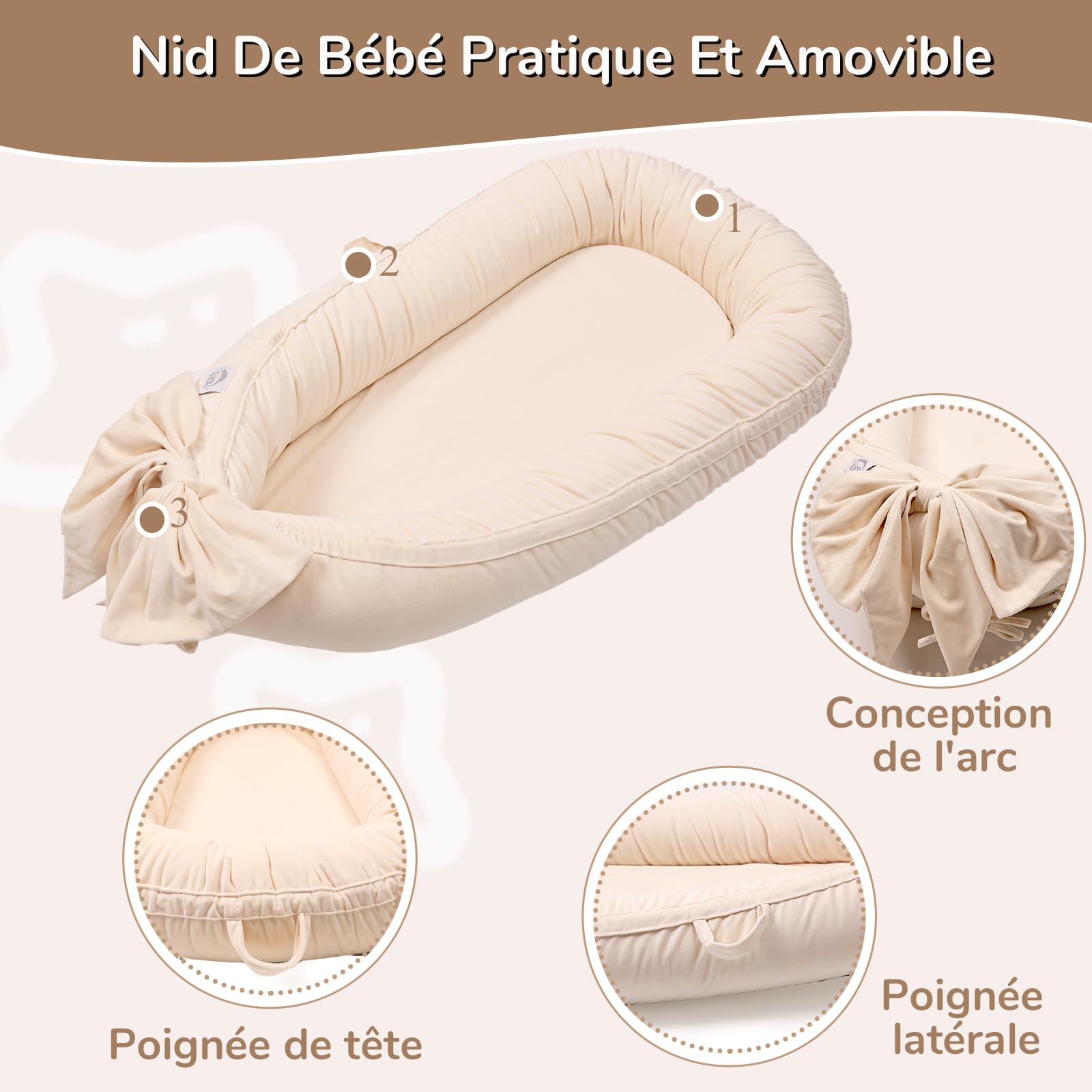EAQ Couffin de Voyage Bébé 100% Coton Nid Cocoon Lit Nouveau-né, Amovible Lavable
