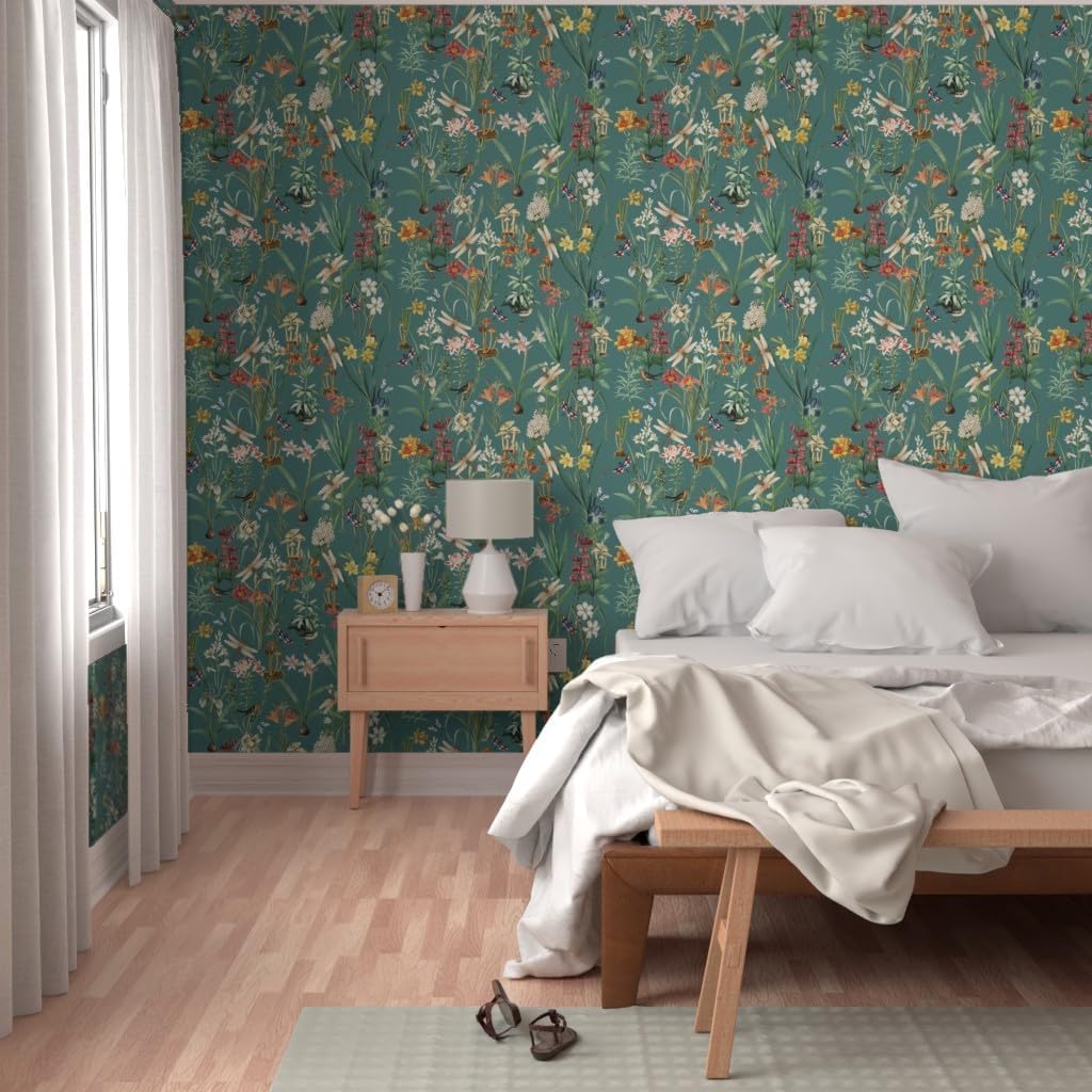 Spoonflower Commercial Grade Wallpaper 27ft x 2ft - Garden Dragonflies Large Iris Botanical Daffodil Spring Vintage Floral Traditional Wallpaper