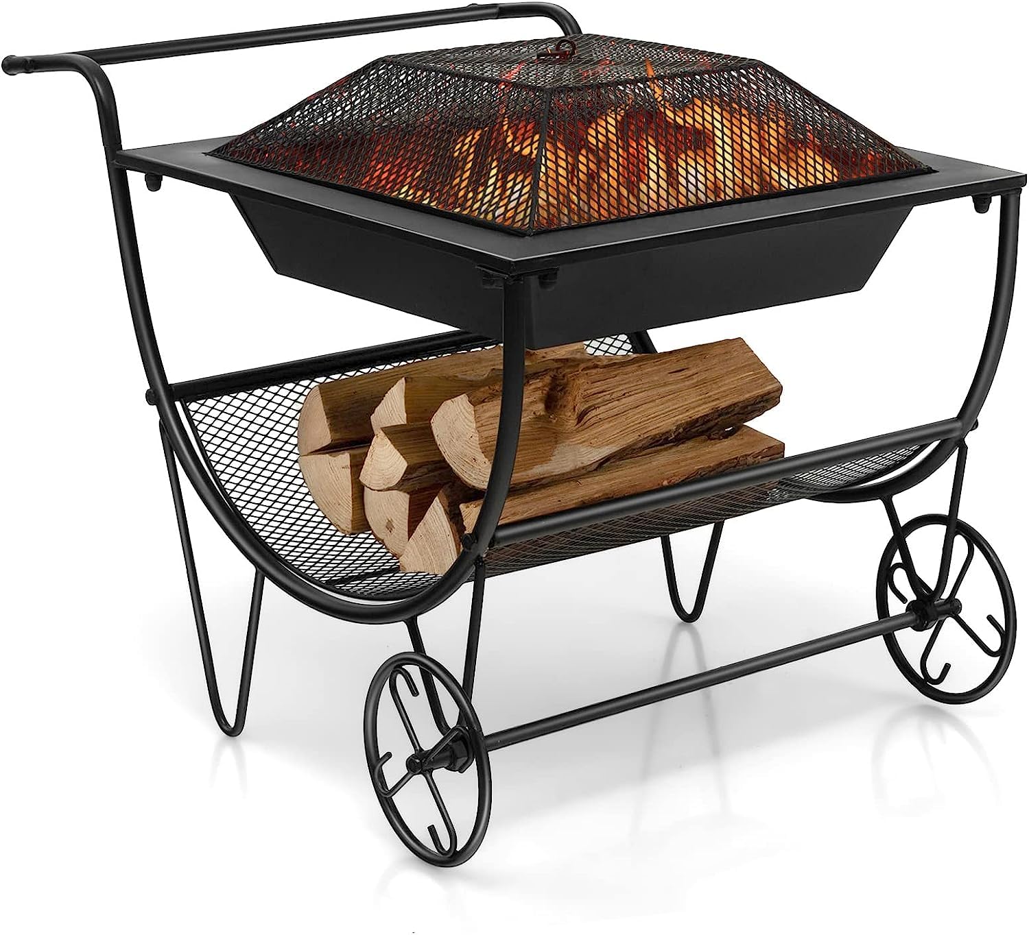 GYMAX Chimenea con Ruedas, Estufa de Leña para Terraza con Estante de Almacenamiento, Bandeja de Fuego, Brasero Exterior Jardin Portátil para Leña para Hogueras, Camping y Picnic, Negro