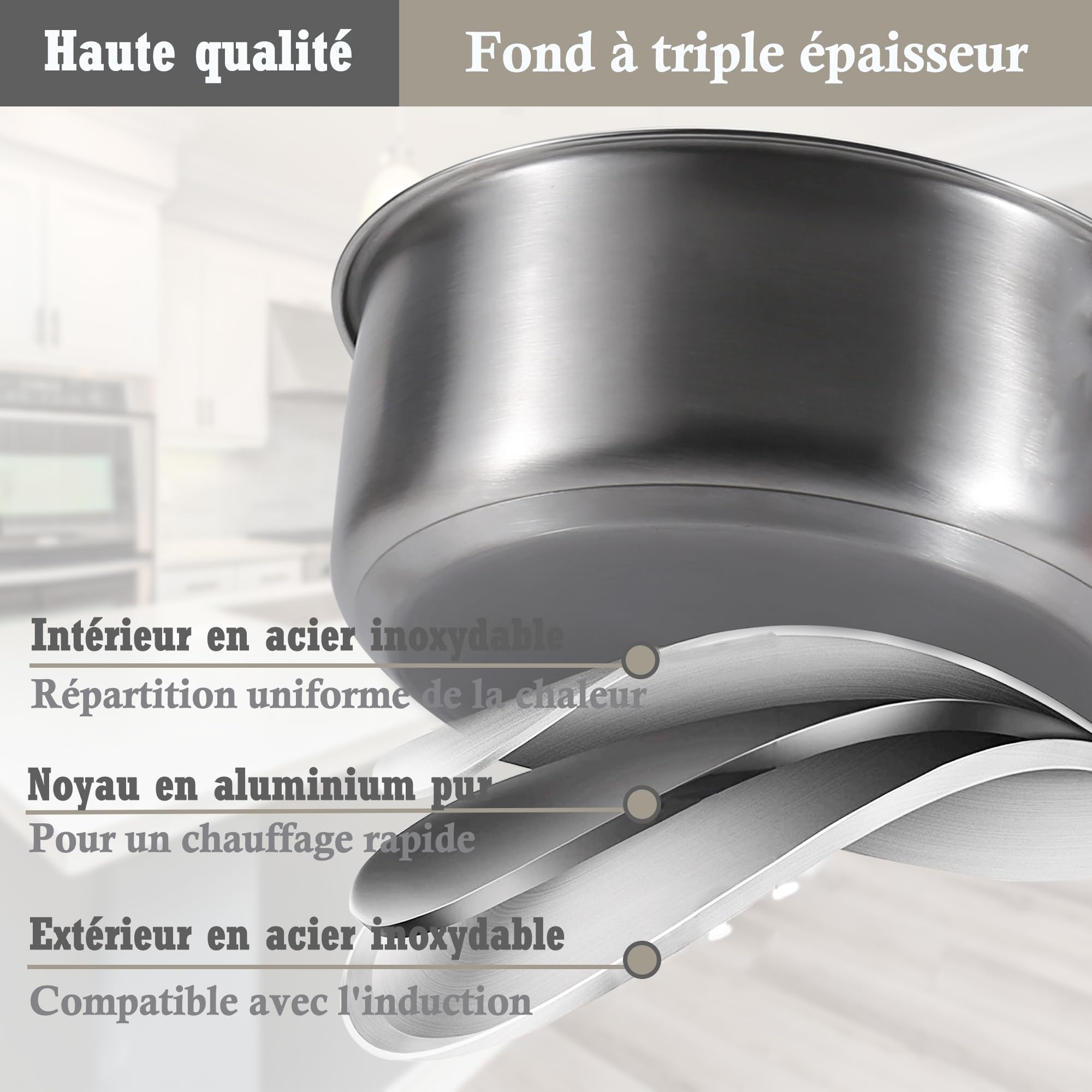 Ensemble de Casseroles et Poêles en Acier Inoxydable, 6 Pièces, Set de Batterie de Cuisine Antiadhésif Compatible Induction/Électrique et Gaz, Antiadhésif, Sûr au Four et Lave-vaisselle