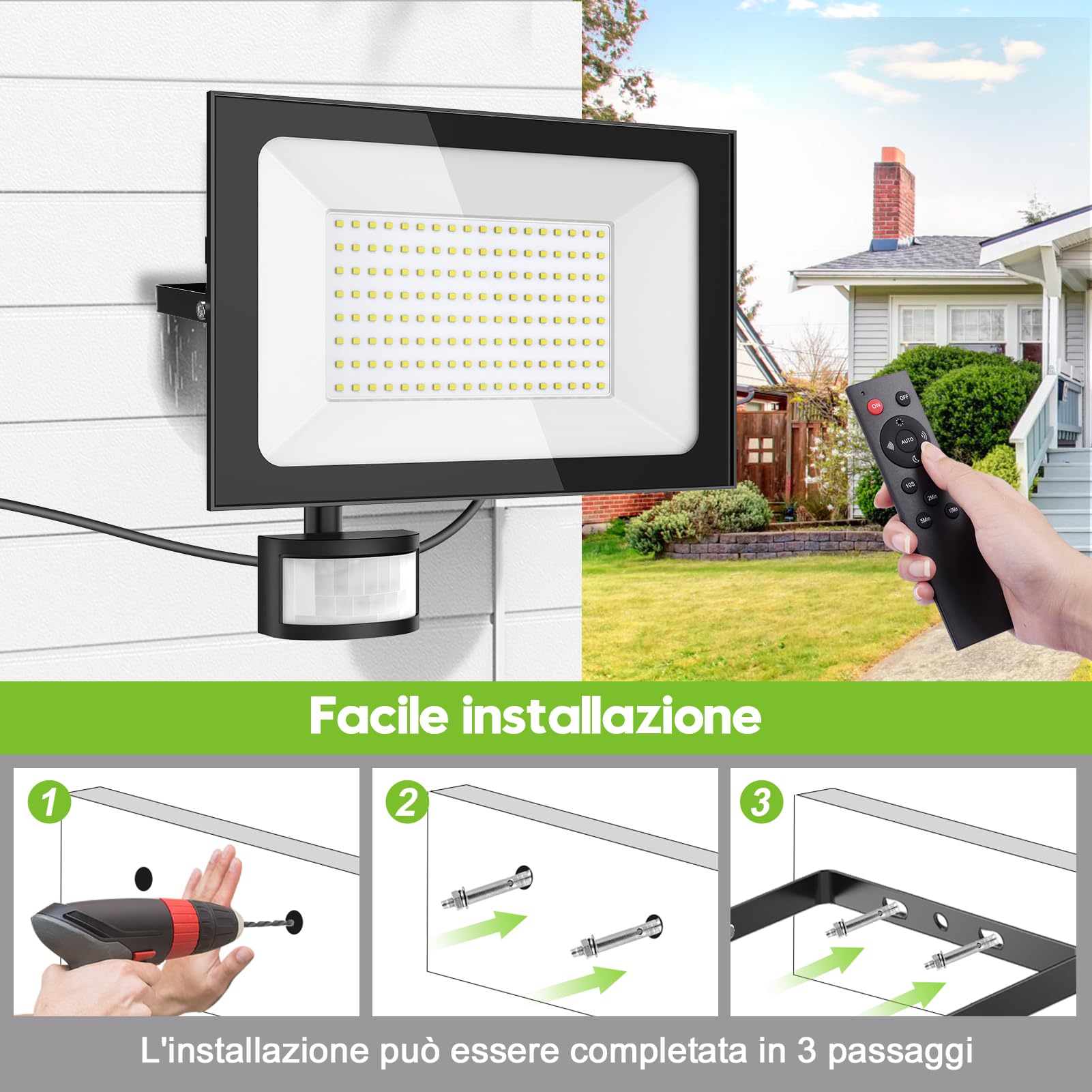 Sararoom 2×150W Faretto Led da Esterno con Sensore di Movimento, 15000LM Faro Proiettori - 108Leds 6500K Bianca Fredda Luci di Sicurezza IP65 Impermeabile Lampade da parete per Giardino Garage Cortile
