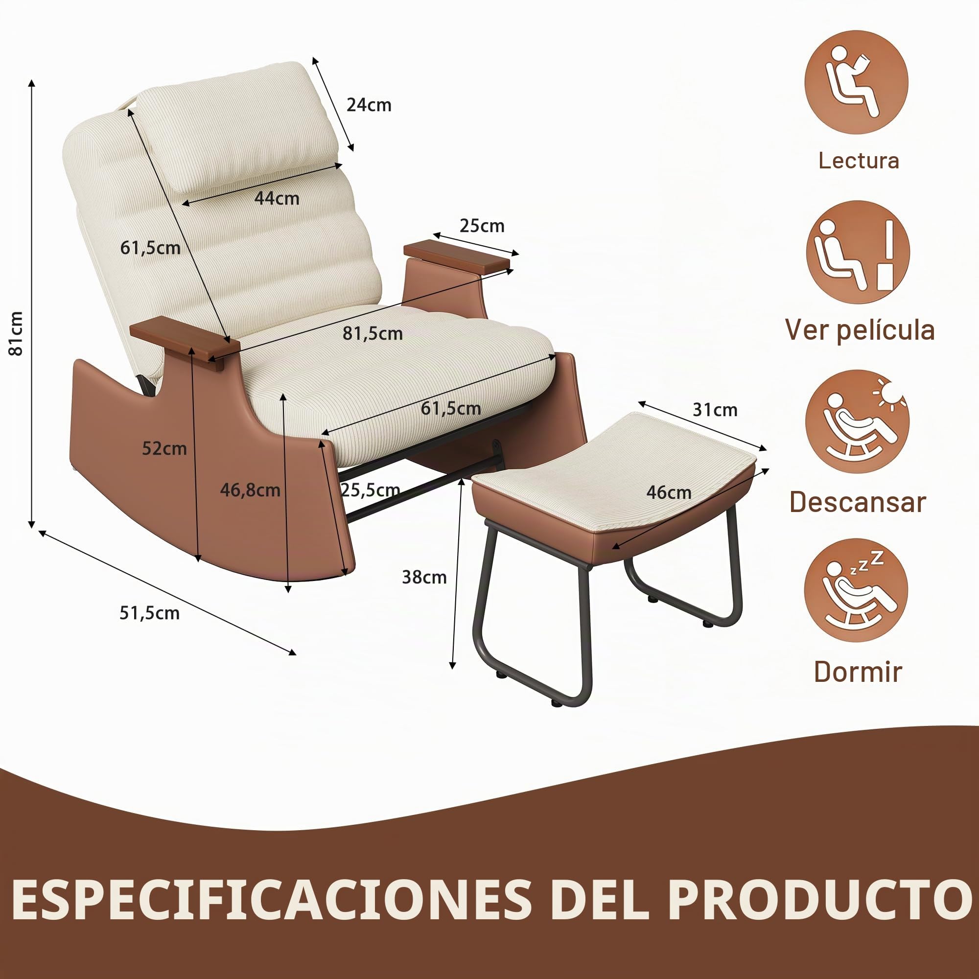 Silla mecedora de respaldo alto con reposapiés, sillón relax con reposabrazos y base de madera y piel, silla de lactancia, mecedora con reposacabezas, Lounge Chair para salón, dormitorio, balcón