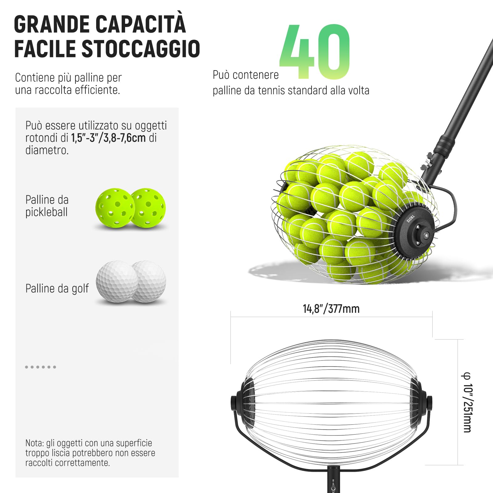 NEEWER Tramoggia per palline da tennis, 77-148 cm, telescopico per raccogliere palline da golf, pickleball, rullo per raccogliere palline da 3,8 - 7,6 cm, accessori e attrezzature per allenamento